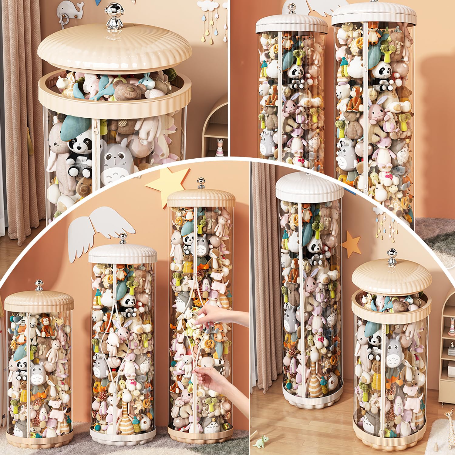 Kids Doll Storage Tube - Transparent PET Stuffed Animal Organizer with Zipper & Lid, 150cm White Toy Display Bucket for Bedroom | Perfect for Toy Organization, Playroom Storage & Kids Room Decor