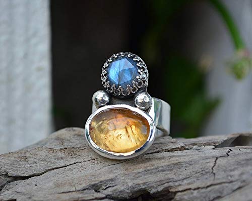 Labradorite & Citrine Gemstone Ring .925 Sterling Silver Size 6 - Elegant Bohemian Jewelry for Women, Perfect for Everyday Wear, Gift Giving & Special Occasions