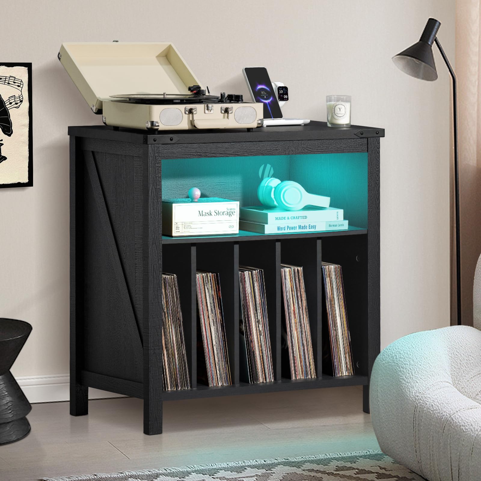 Large Vinyl Record Player Stand with USB Charging Station & LED Lights - Holds 230+ Albums, Turntable Storage Holder with Display Shelf - Perfect for Music Room, Bedroom, Living Room DJ Setup & Vinyl Collection Display