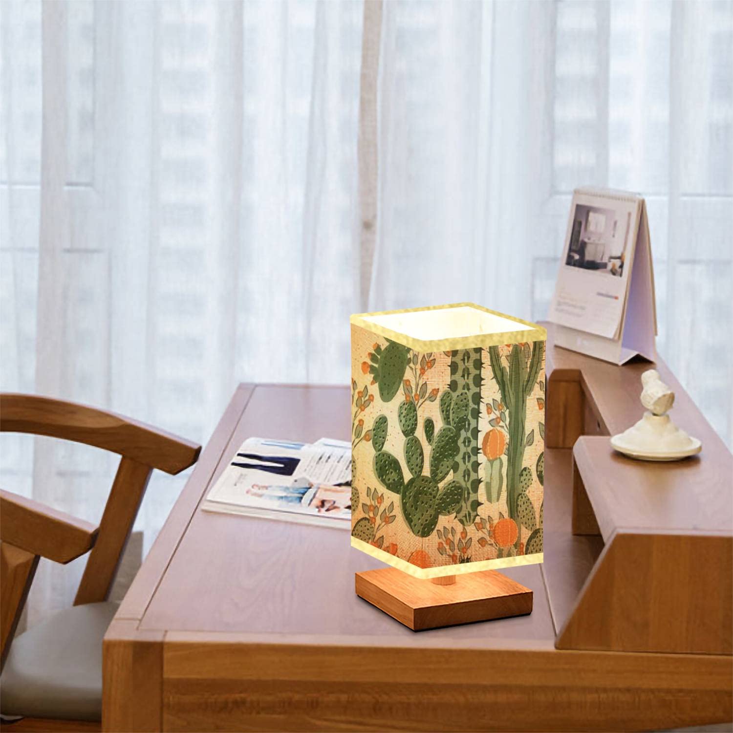 Dimmable Square Bedside Table Lamp with Green Succulent Cactus & Orange Flowers Design - Wooden Base & Flaxen Fabric Shade for Bedroom, Living Room, Office - Perfect Nightstand Lamp for Reading, Relaxing & Home Decor