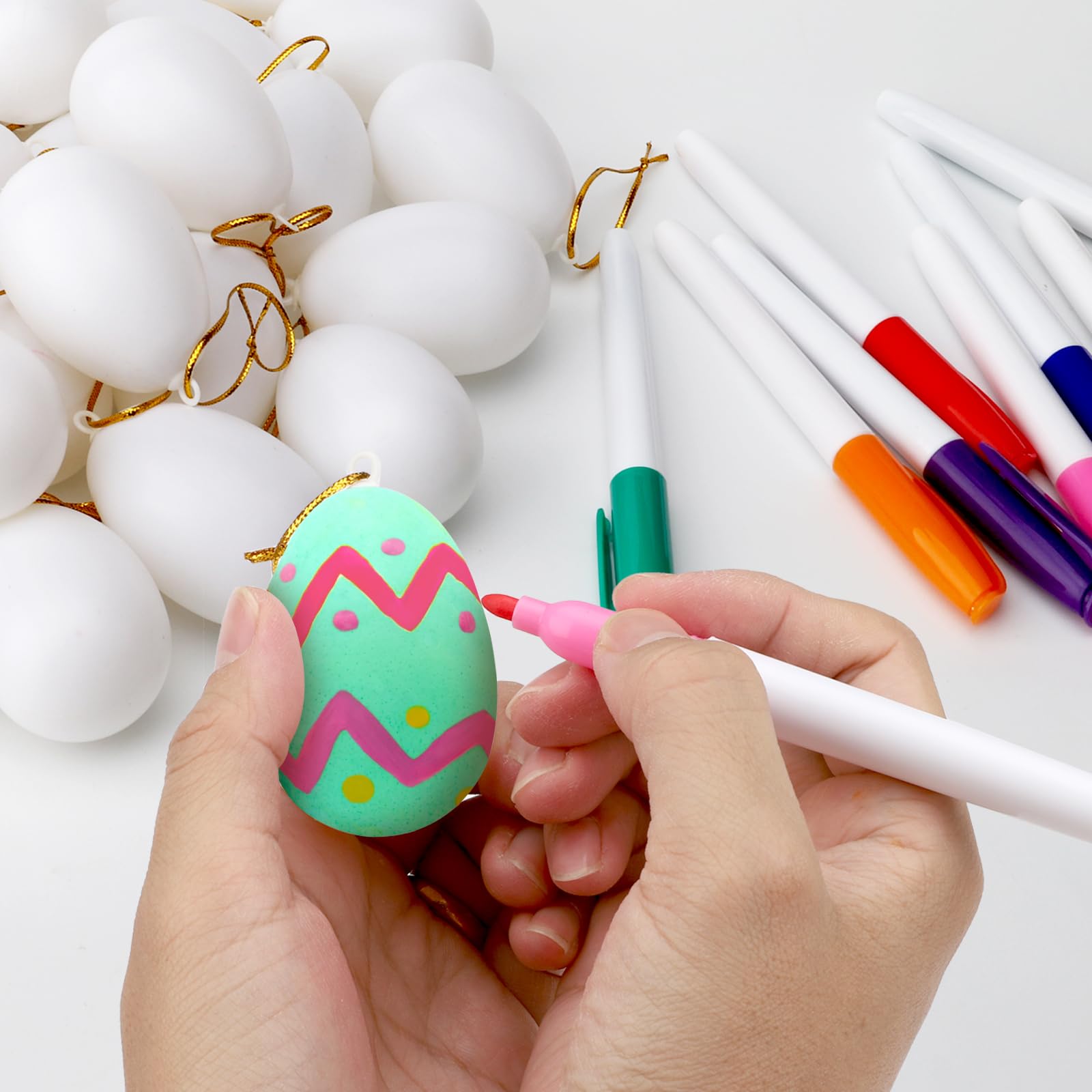 30 Pcs DIY Easter Eggs with 8 Pens - White Plastic Easter Eggs with Rope for Kids Crafts, Easter Party Favors & Classroom Prizes - Perfect for Easter Egg Decorating, Kids Activities & Holiday Gifts