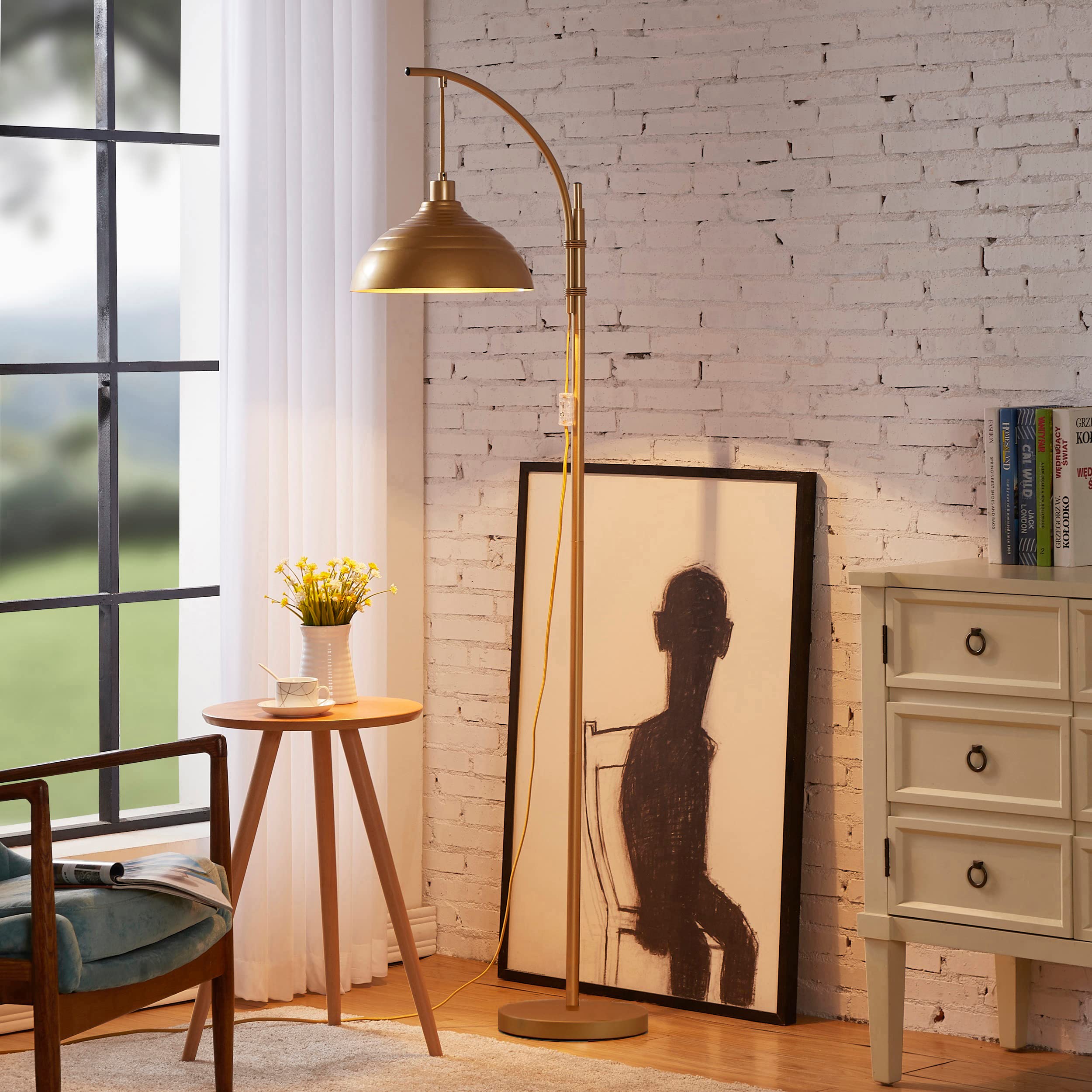 WOXXX Industrial Floor Lamp - Modern Rustic Gold Finish Standing Lamp, Farmhouse Arc Floor Light for Living Room, Bedroom, Office - Vintage Arched Brass Tall Reading Lamp with Bright LED - Perfect for Cozy Reading Nooks & Home Office Lighting