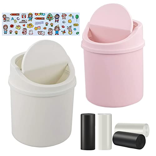 BieFuDan 2 Pack Mini Trash Can with Swing Lid - Small Desktop Waste Basket with 4 Rolls Trash Bags, Plastic Countertop Garbage Bin for Home, Kitchen, Bedroom, Bathroom (White + Pink) | Perfect for Office Desk, Dorm Room, RV & Small Spaces