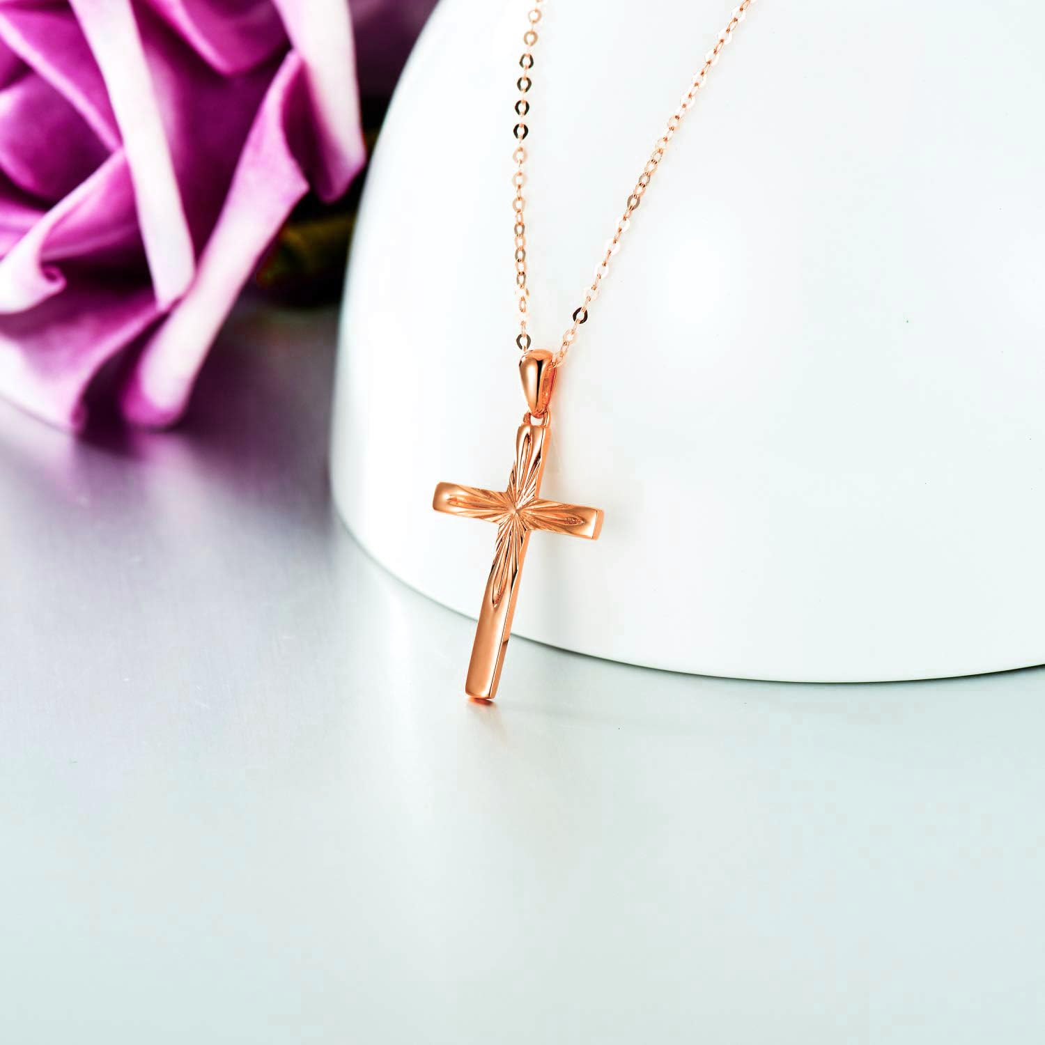 14K Solid Gold Cross Necklace for Women - Delicate Italian Diamond-Cut Religious Pendant, 16