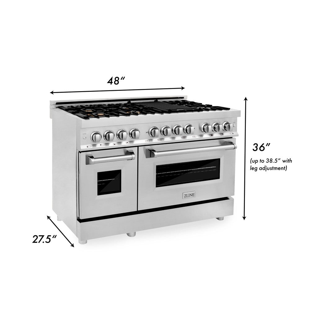 ZLINE 48-inch 6.0 cu. ft. Stainless Steel Dual Fuel Range with Gas Cooktop & 2 Electric Ovens - Brass Burners (RA BR 48) for Professional Home Kitchens & Gourmet Cooking