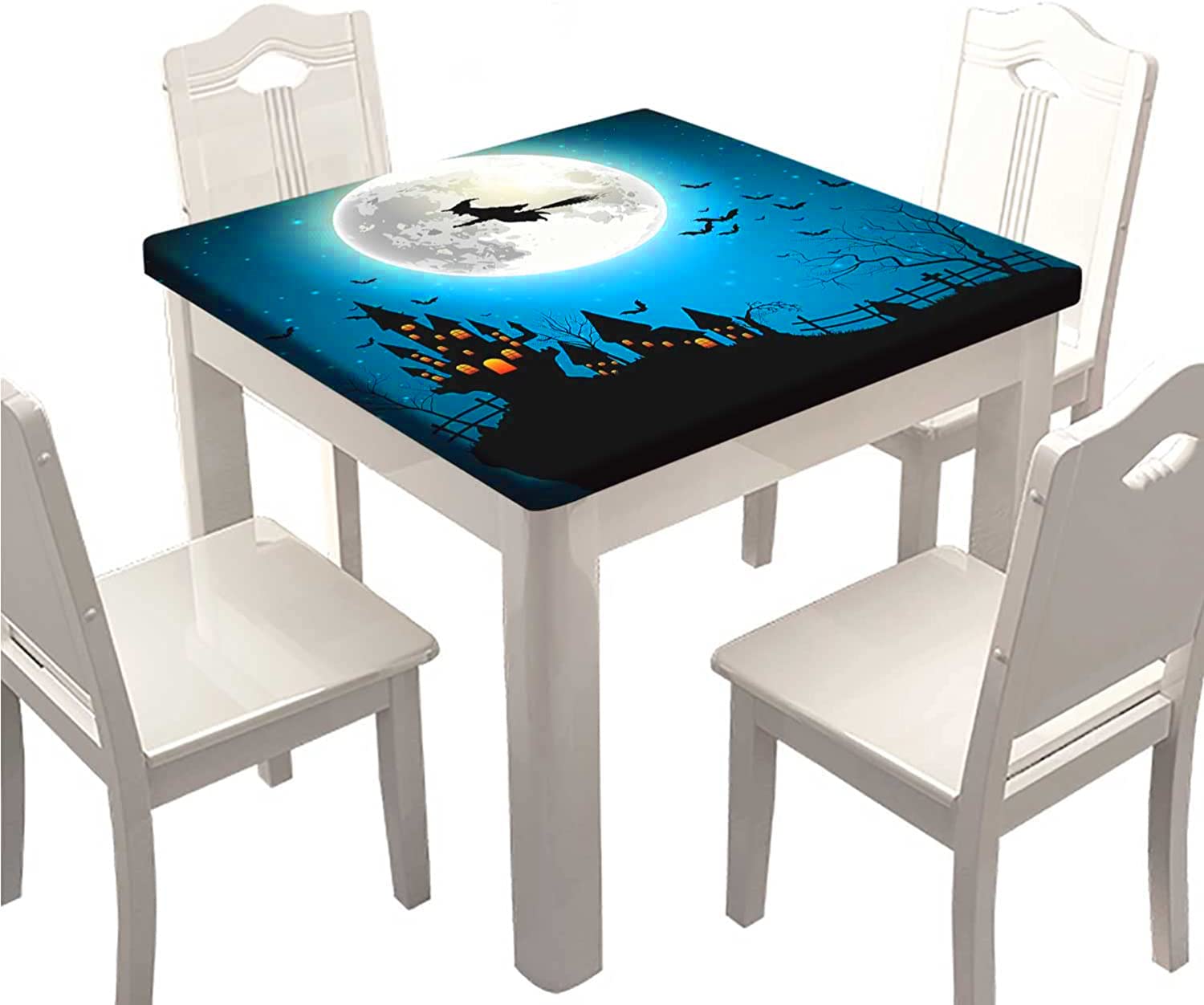 SongYi Fitted Polyester Square Tablecloth - 36x36 Inch Waterproof & Stain Resistant Elastic Edge Table Cover - Full Moon Flying Witch Design for Home Decor, Family Gatherings, Halloween Parties & Holiday Dining