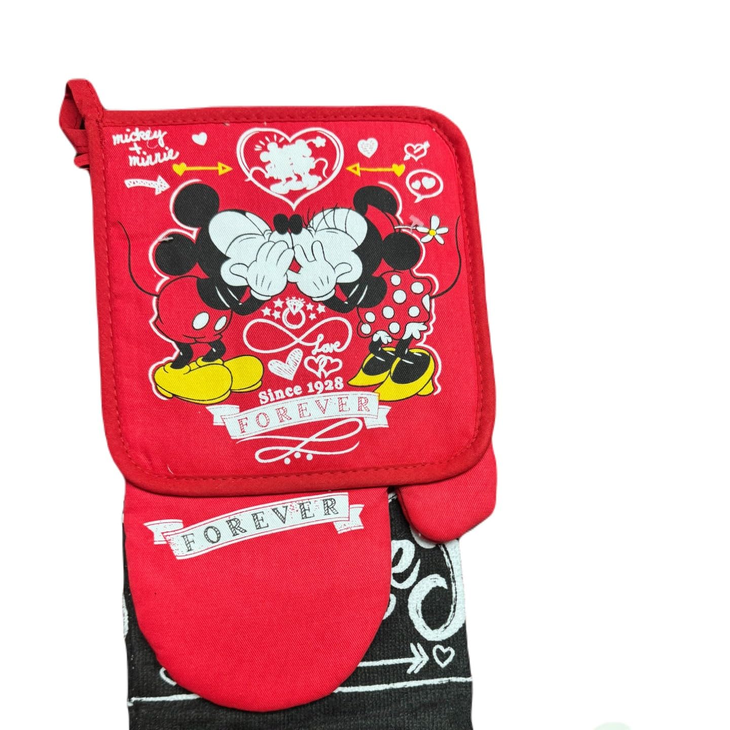 7STAR 3-Piece Kitchen Set - Heat Resistant Oven Mitts, Pot Holders & Dish Towel | Stylish Kitchen Accessories for Cooking, Baking & Home Decor (Mick and Mini Love Collection) - Perfect for Holiday Gifts, Housewarming & Kitchen Upgrades