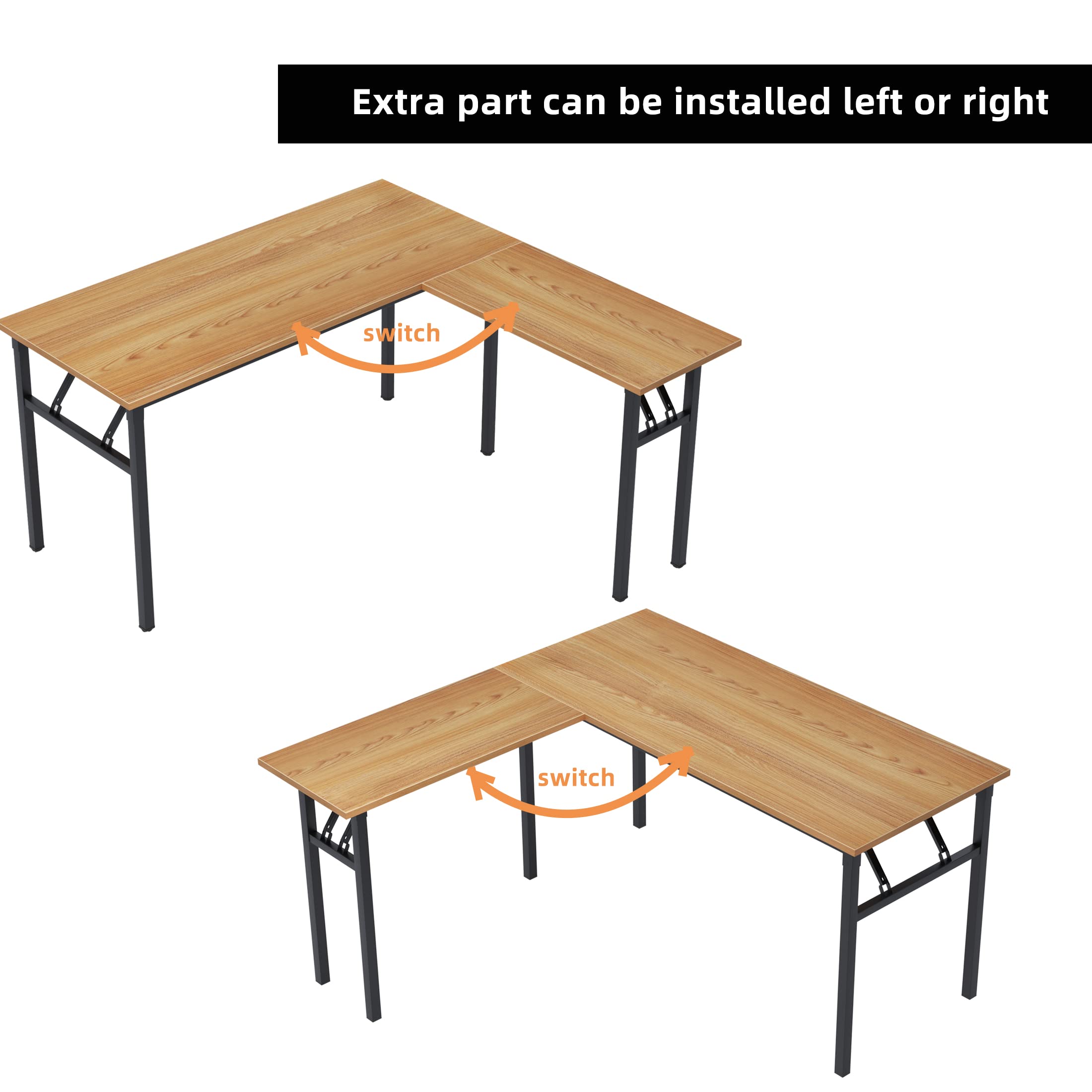 L Shaped Folding Desk - Reversible Home Office Computer Desk with Large Work Surface | Foldable Gaming Desk Workstation in Teak & Black | Perfect for Small Spaces, Remote Work & PC Gaming Setup