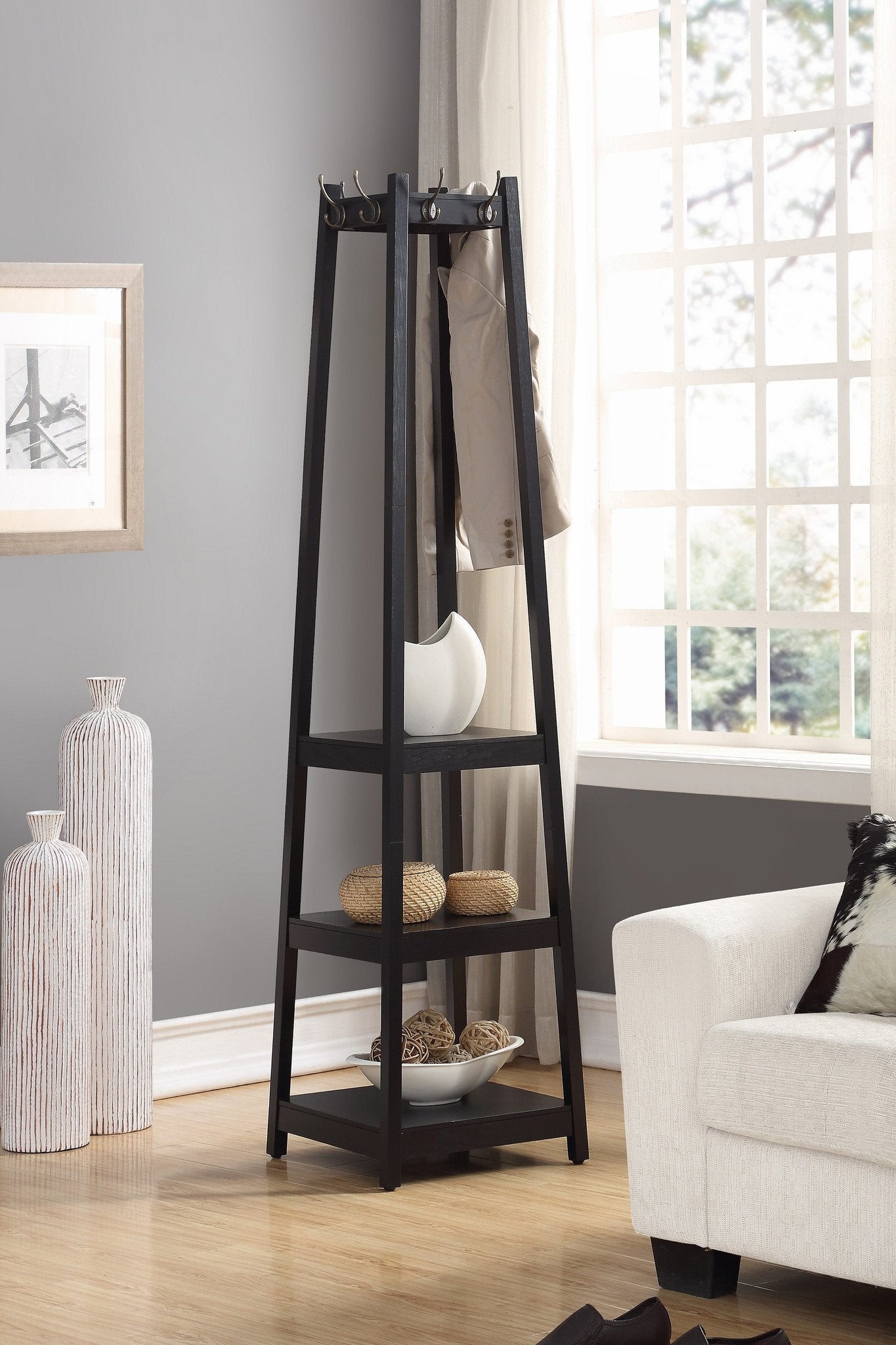 Roundhill Furniture Vassen 3-Tier Storage Coat Rack - Space Saving Entryway Organizer for Hats, Scarves & Jackets | Perfect for Hallway, Bedroom or Mudroom Organization