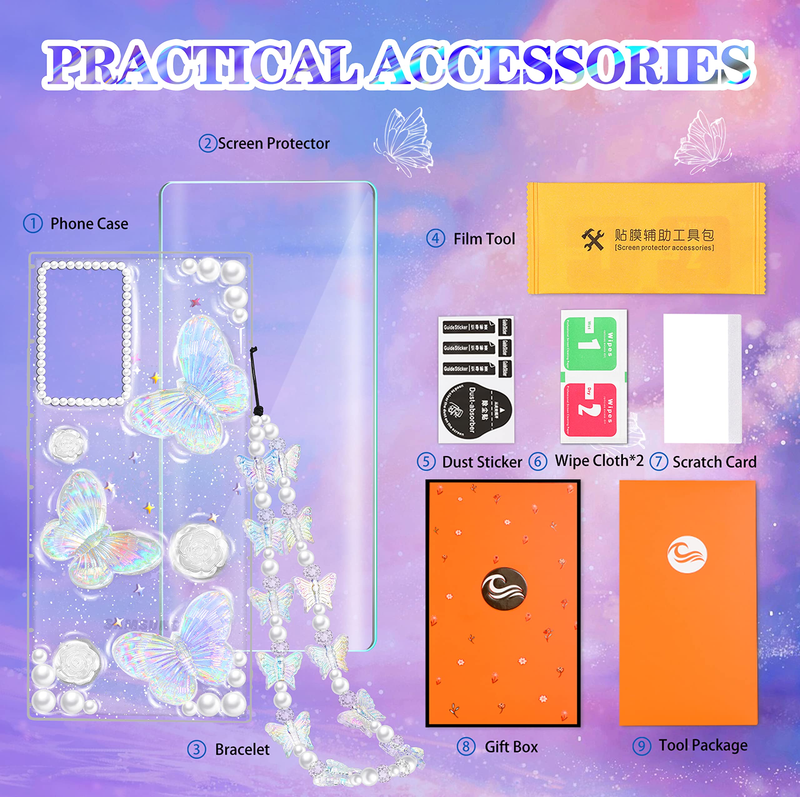 **Goocrux 3-in-1 Case for Samsung Galaxy Note 20 Ultra – 3D Butterfly Clear Glitter Phone Case with Chain & Screen Protector | Stylish Aesthetic for Women & Teen Girls | Cute Sparkly Girly Design for Everyday Use & Parties**