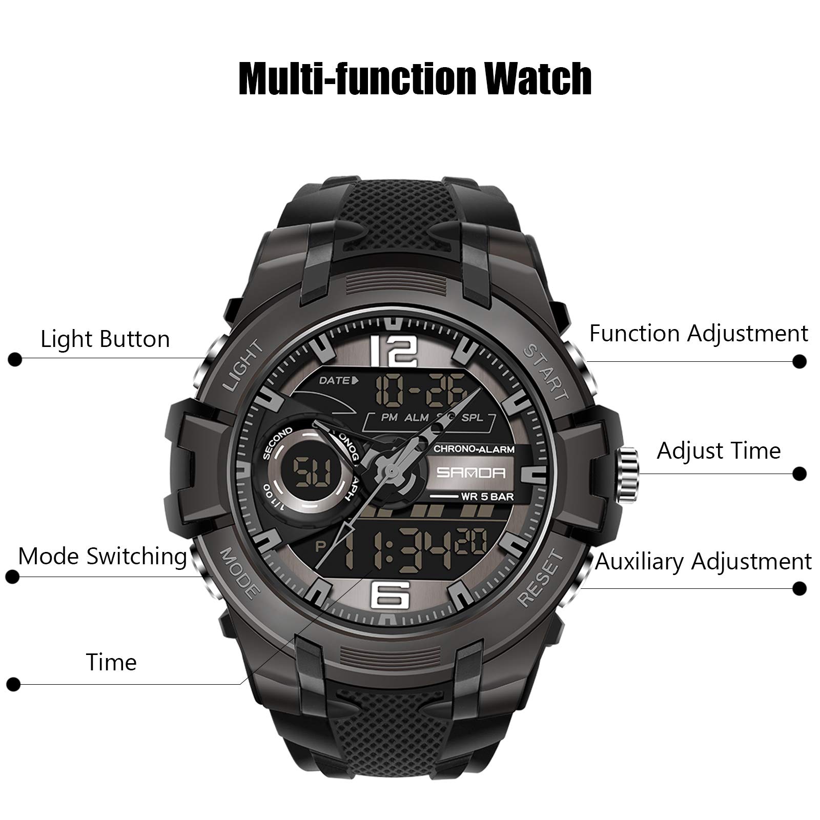 RORIOS Men's Digital Quartz Sports Watch - Waterproof Chronograph Wristwatch with Alarm & Timer - Perfect for Running, Gym, Outdoor Activities & Daily Wear