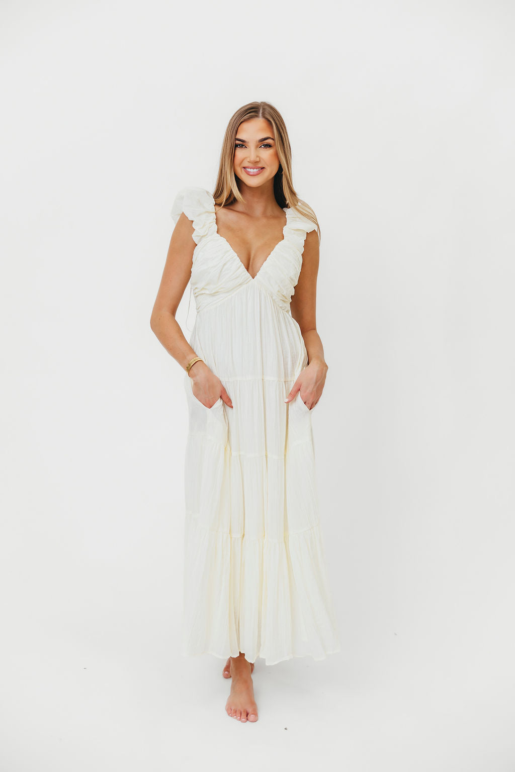 Katy Pleated Bodice Midi Dress in Cream | Bump Friendly Maternity Dress | Perfect for Baby Showers, Weddings & Special Occasions