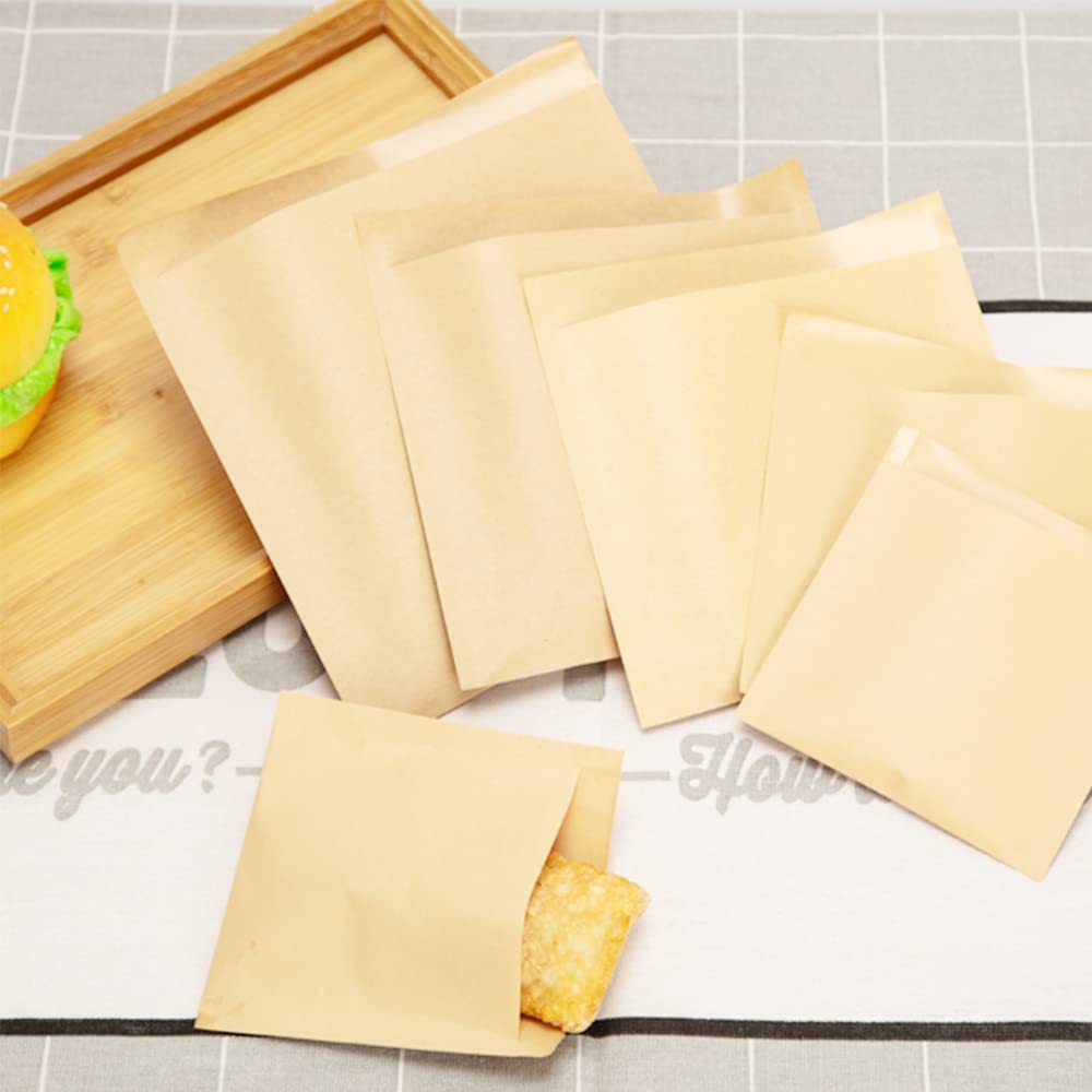 Eco-Friendly Kraft Paper Cookie Bags - 4.52 x 4.92-inch Flat Glassine Wax Treat Snack Bags (100Pcs) for Candies, Chocolate, Pastries, Potato Chips & Desserts | Perfect for Bakery Treats, Party Favors & Gift Packaging
