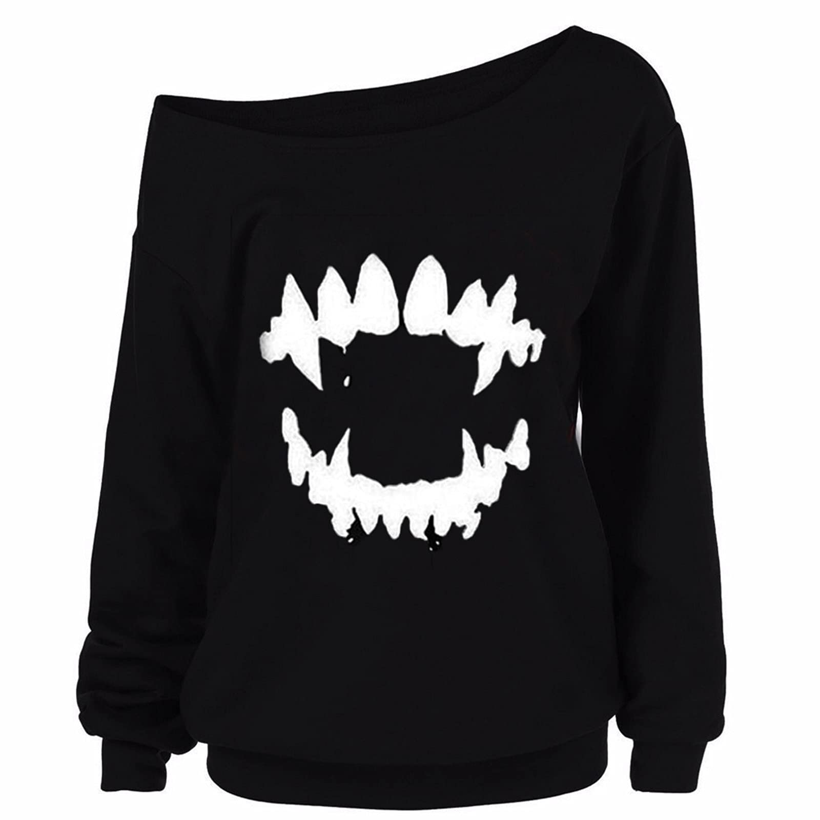 DEERQUEEN Women's Halloween Off Shoulder Gothic Punk T-Shirt - Devil Teeth Print Long Sleeve Top for Casual Wear | Perfect for Halloween Parties, Cosplay & Alternative Fashion