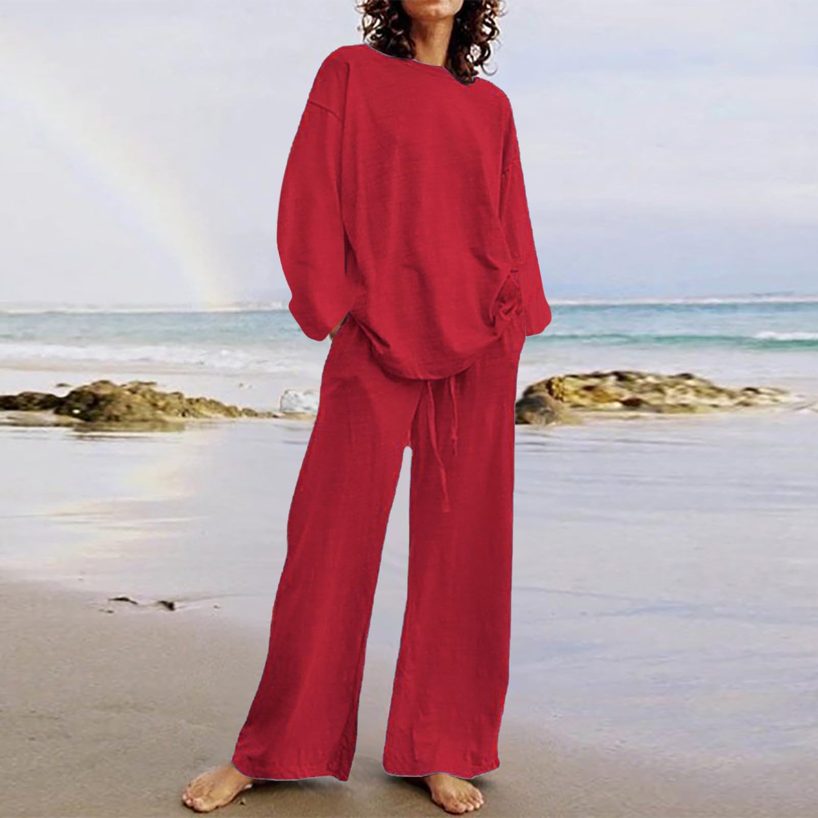 Women's 2-Piece Linen Lounge Set - Extra Long Pants & Top for Tall & Plus Size Women - Maternity & Casual Wear - Perfect for Relaxing at Home, Yoga, or Travel