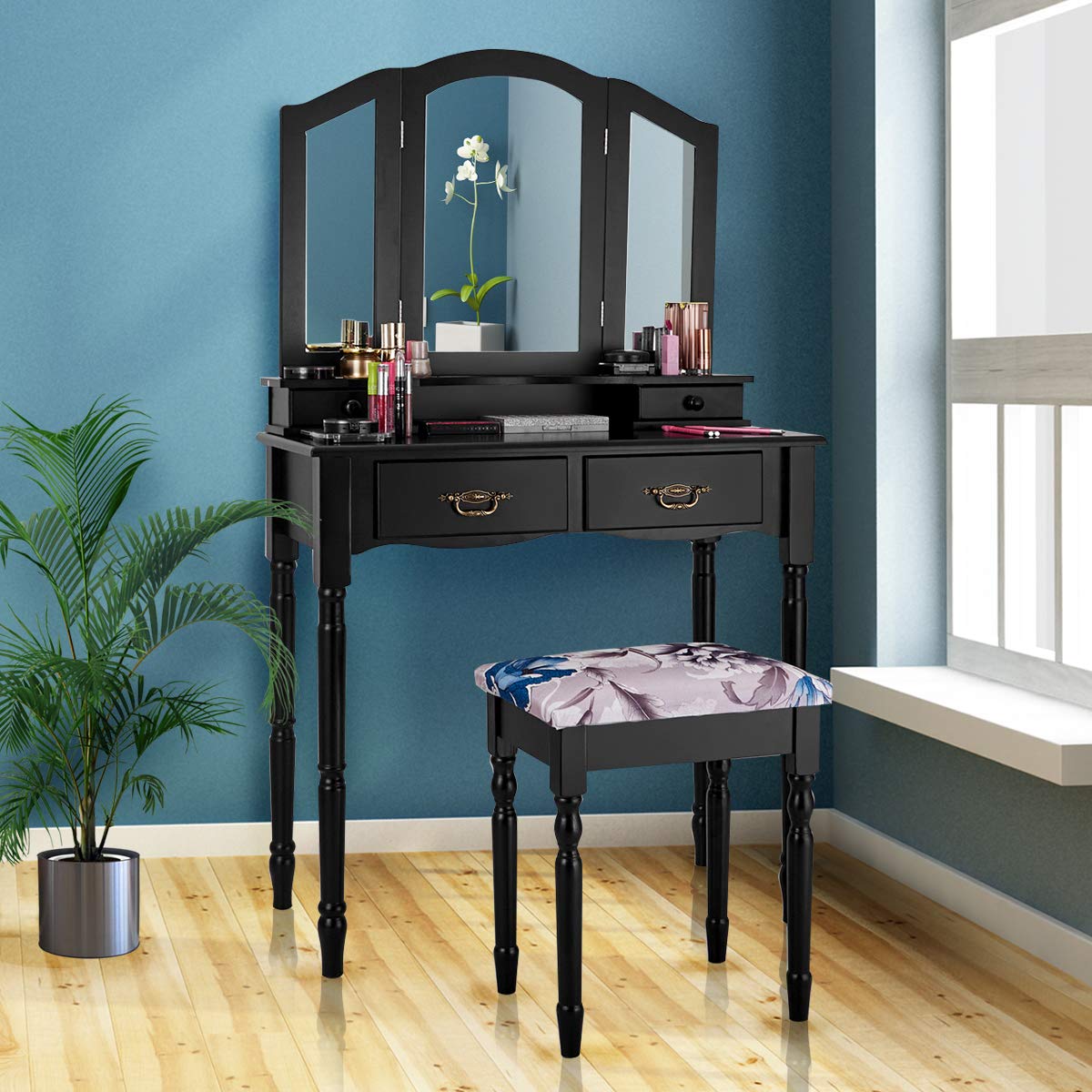 ReunionG Vanity Set with Stool and Mirror - Multifunctional Makeup Dressing Table with Drawers, Large Trifold Mirror & Cushioned Seat - Perfect for Bedroom, Home Beauty Station & Writing Desk (Black)