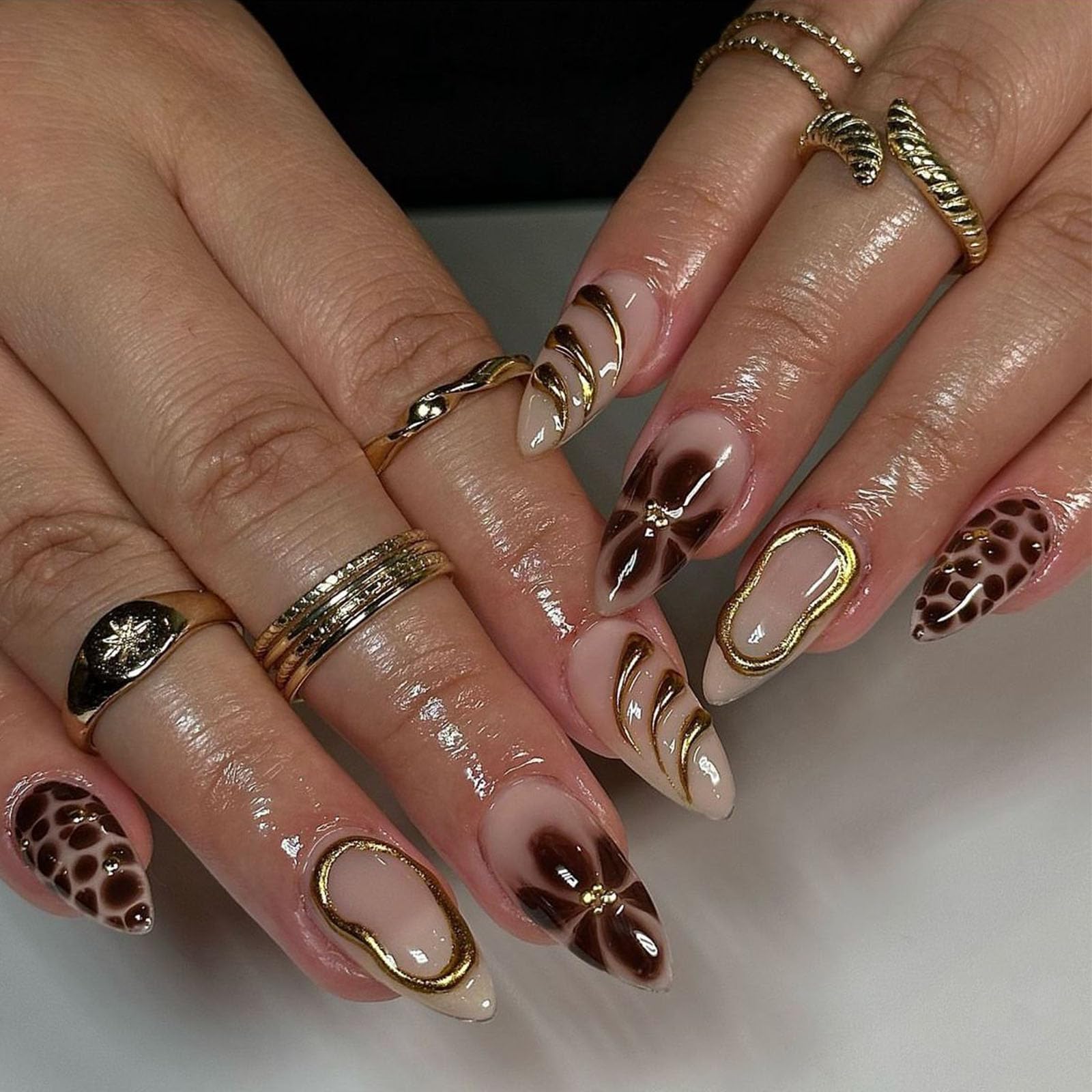 Fall Press on Nails Medium Almond Fake Nails - Brown French Tips with 3D Golden Line Designs - 24Pcs Natural Nude Full Cover Glossy Glue on Nails - Perfect for Parties, Weddings, Date Nights & Everyday Wear