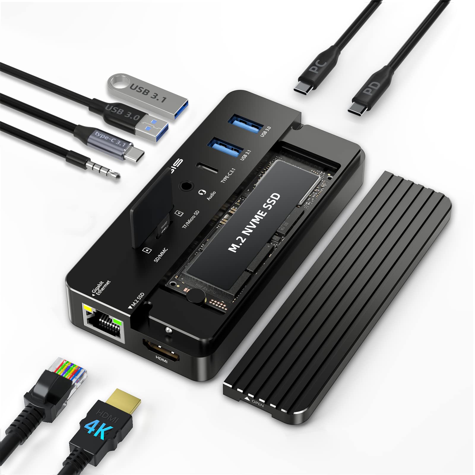 ACASIS 10-in-1 USB C Laptop Docking Station with 4K60Hz HDMI, NVMe Enclosure, PD Charging, Ethernet, SD/TF Card Reader, 10G USB C/A Ports & Audio - Universal Compatibility for MacBook, Dell, HP, Surface - Perfect for Home Office, Gaming & Multi-Monitor Setup
