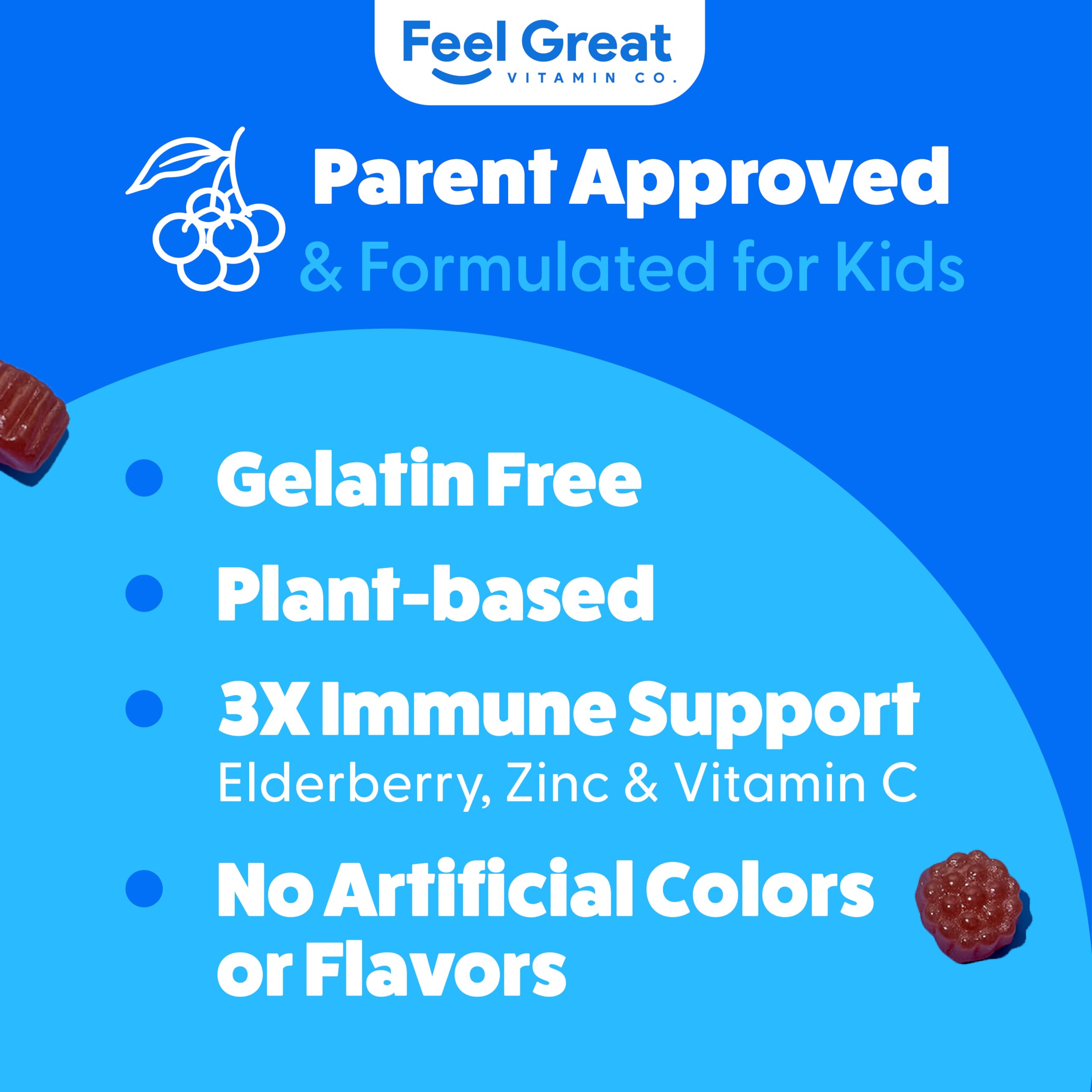 Feel Great Vitamin Co. Elderberry Gummies for Kids - Immune Support with Vitamin C & Zinc | Natural Antioxidant Booster | Gluten Free Vegetarian Supplement (90 Count) | Perfect for Daily Immunity & Cold Season Protection
