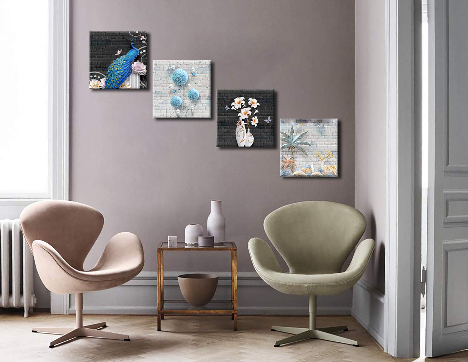 Modern Abstract Canvas Wall Art - 4 Panels Flower & Animal Painting Print, Framed & Ready to Hang for Living Room Decor | Perfect for Home, Office & Bedroom Wall Decoration