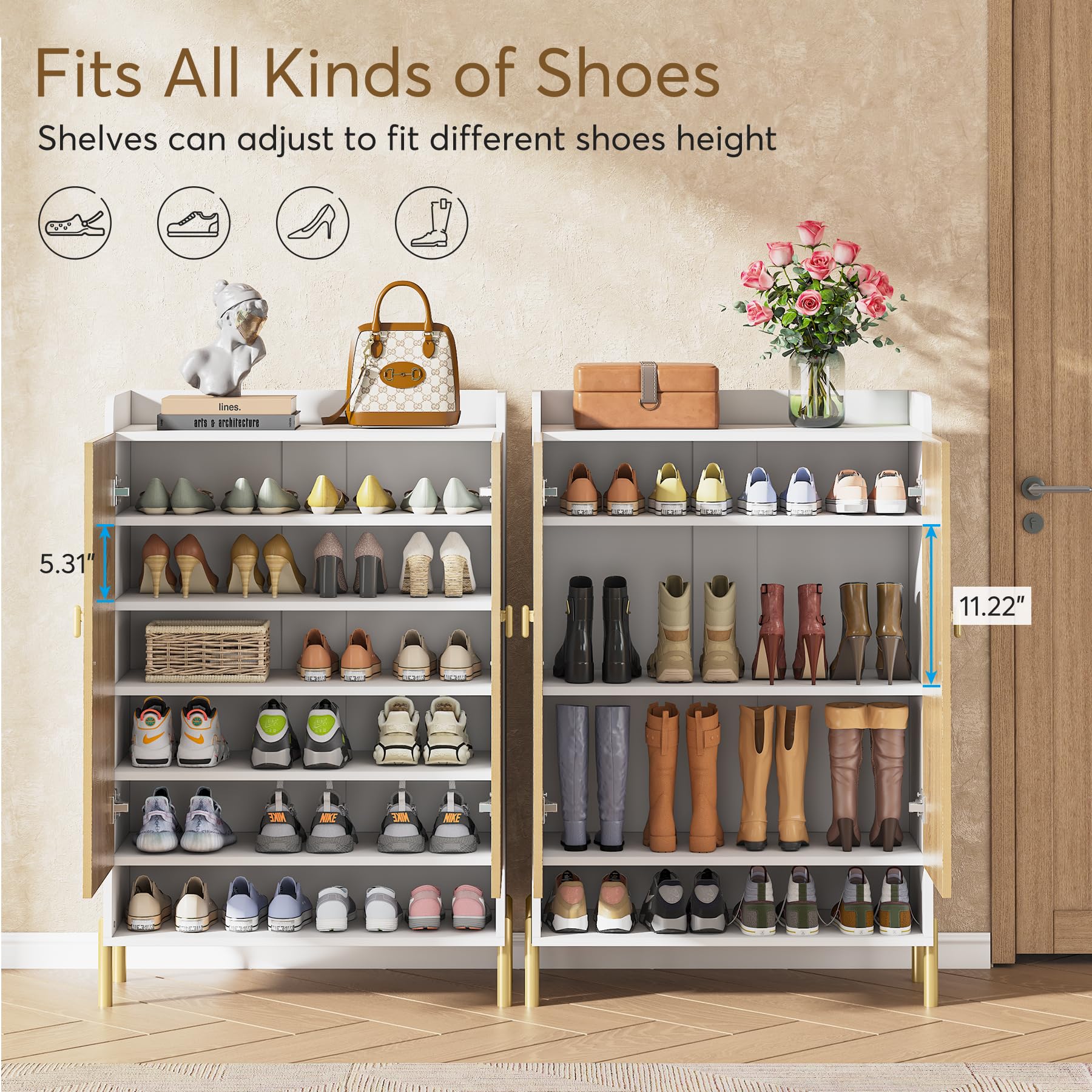 Tribesigns 6-Tier Shoe Storage Cabinet - Adjustable Shelves Freestanding Wooden Shoe Organizer with Doors for Entryway, Hallway, Living Room (White & Wood) - Perfect for Small Spaces, Apartment Entry Storage & Closet Organization