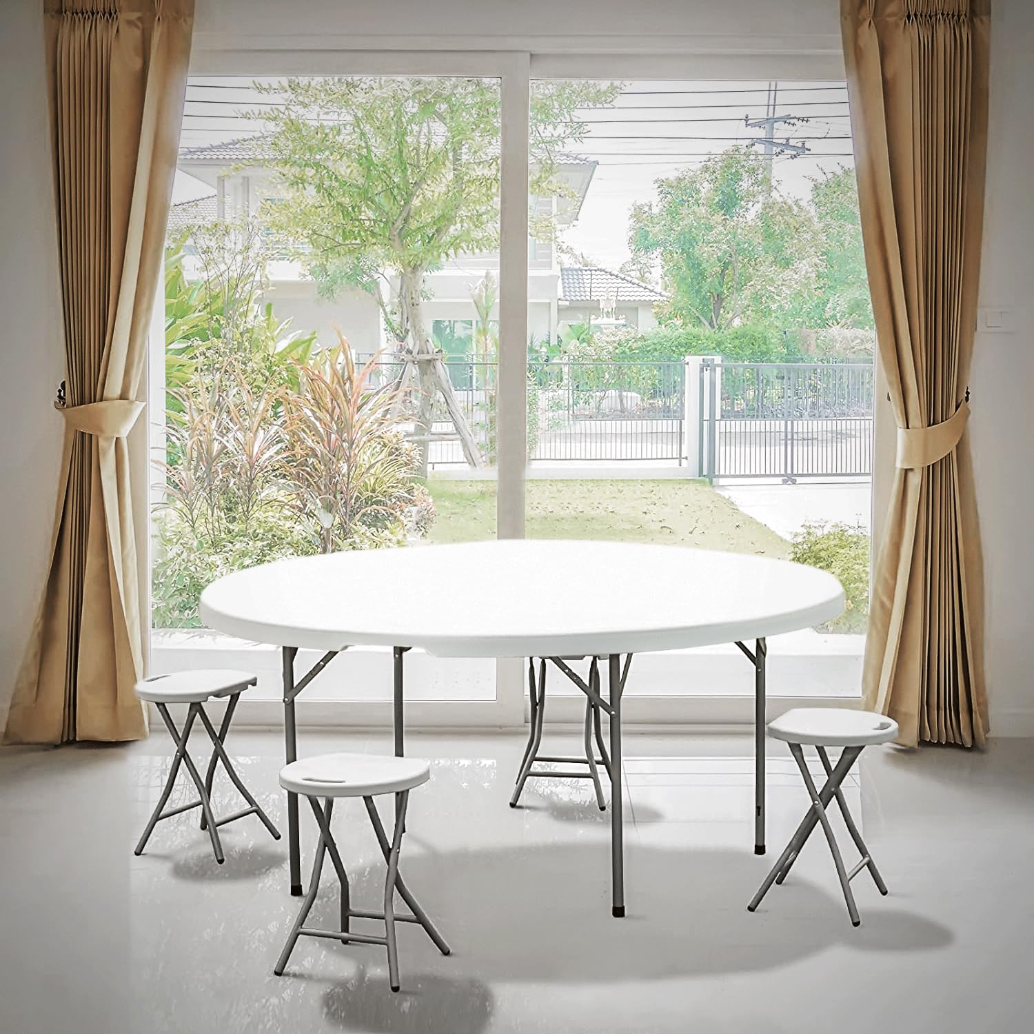 MoNiBloom 5.5 Foot Round Folding Table - Portable Plastic Dining Table with Handle & Lock for Indoor Outdoor Use - Perfect for Picnic, Party, Banquet, Wedding (White)