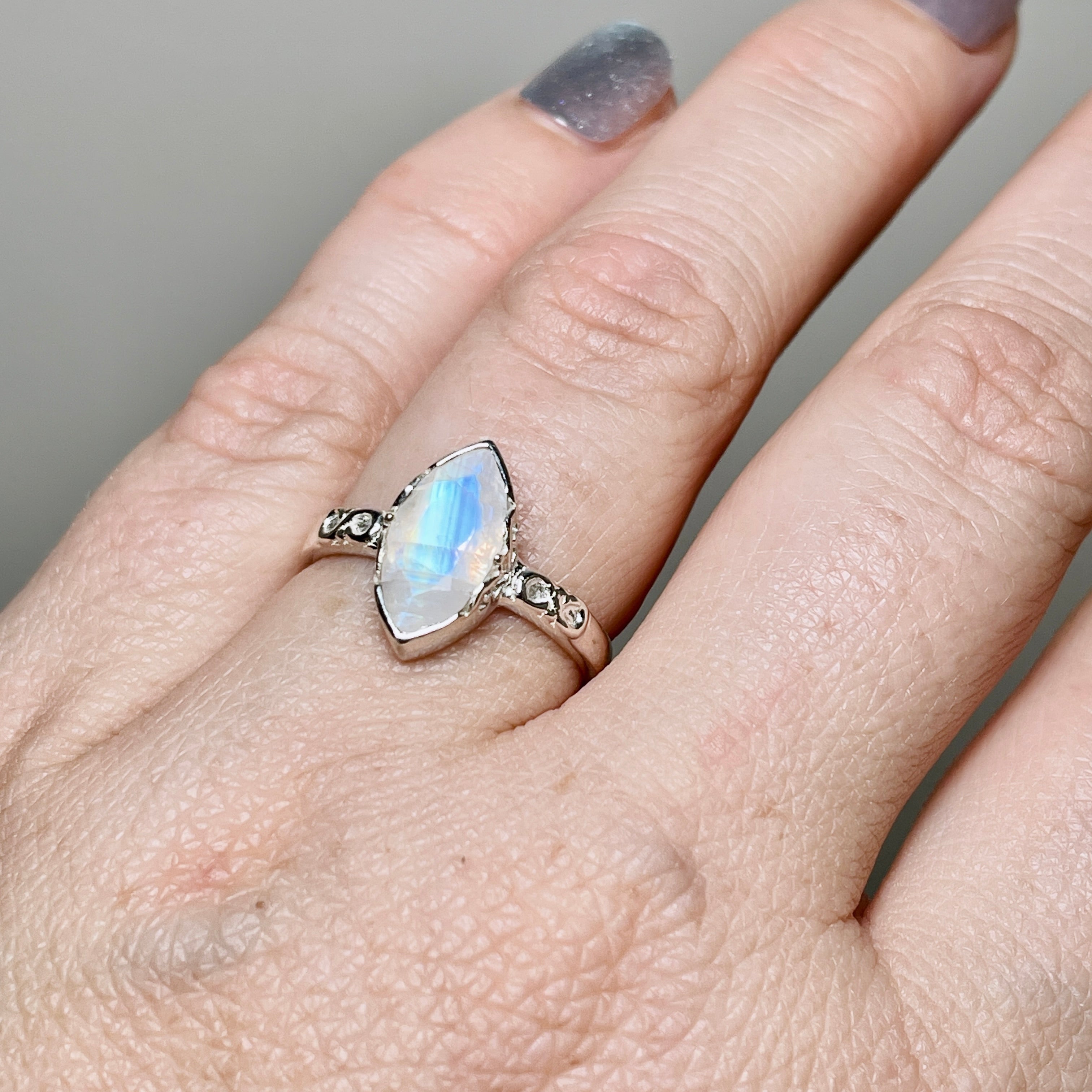 Moonstone Faceted Marquise Ring in Decorative Sterling Silver Setting R3726 | Elegant Jewelry for Weddings, Parties & Special Occasions