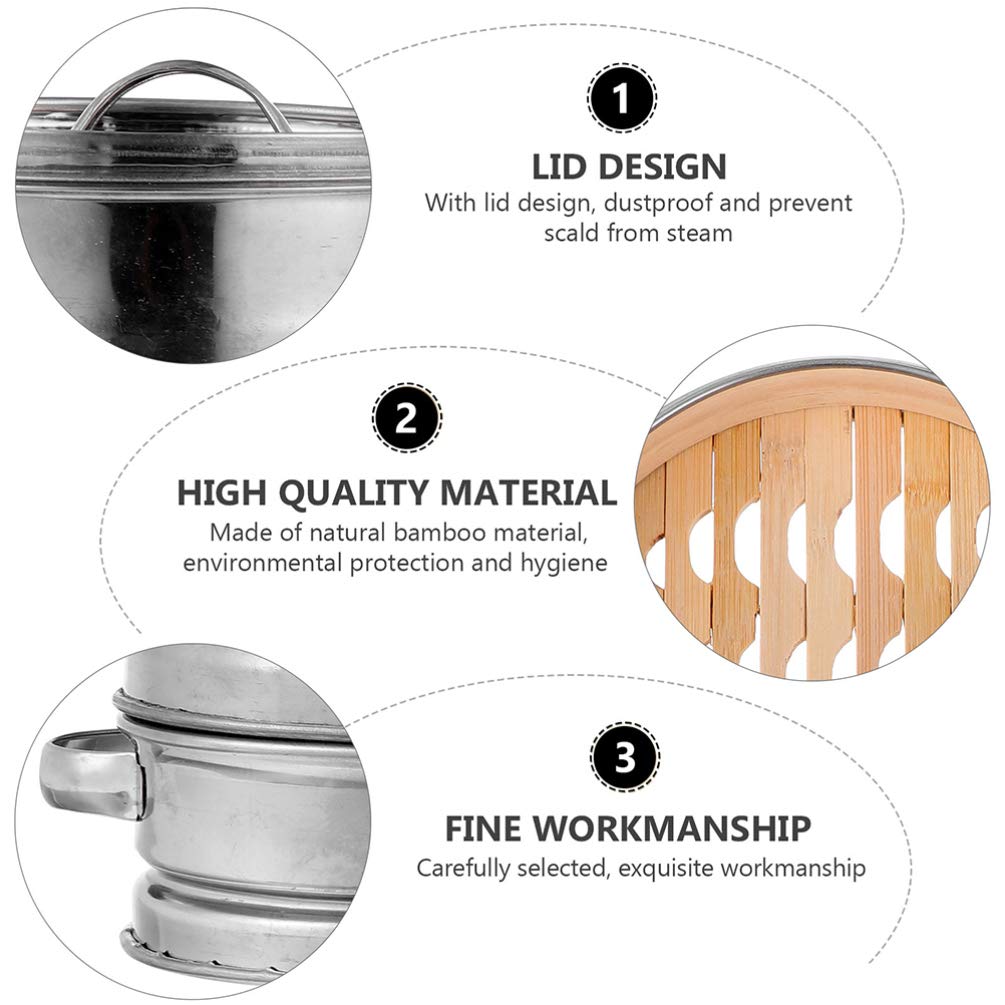 DOITOOL Stainless Steel Stackable Steamer Pot Set - 3-Piece Metal Food Steamer for Vegetables, Seafood & Desserts - Bamboo Lid Kitchen Utensil for Healthy Cooking | Stovetop & Induction Compatible | Perfect for Dim Sum, Tamales & Meal Prep