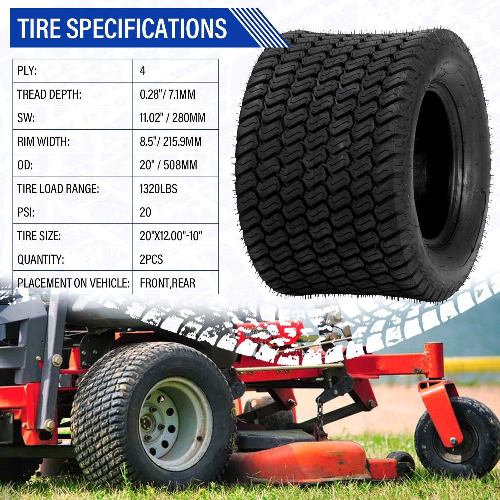 Set of 2 - 20x12.00-10 Tubeless Lawn Mower Tires 4PR Heavy Duty Garden Tires for Zero Turn Mowers, Tractors & Outdoor Equipment - All Terrain Replacement Tires for Smooth Lawn Care & Landscaping