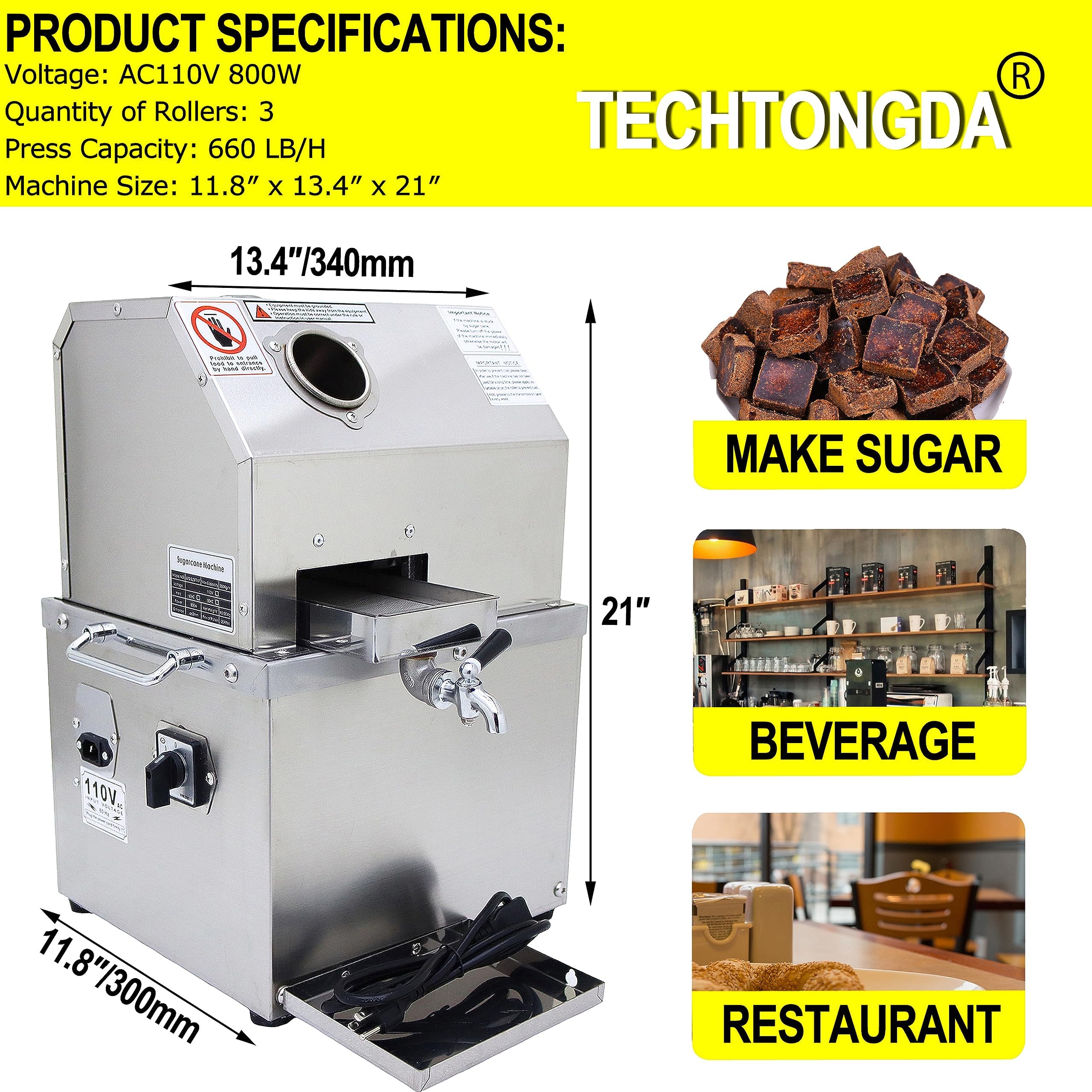 TECHTONGDA 110V 800W Commercial Electric Sugar Cane Juicer Machine - 3 Stainless Steel Rollers, 2 Peeling Knives, 660 LBS/H Output - Perfect for Juice Bars, Restaurants & Street Vendors