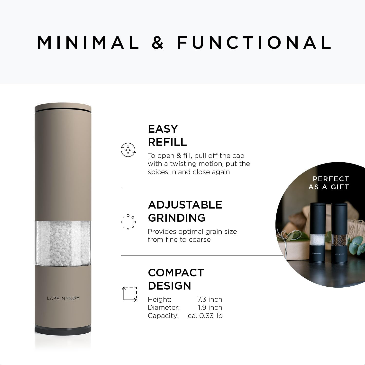 Premium Adjustable Ceramic Salt and Pepper Grinder Set - 2-Piece Manual Mill with Coarse to Fine Grind Settings - Stylish Taupe Brown Spice Shakers for Kitchen, Dining Table & Gourmet Cooking