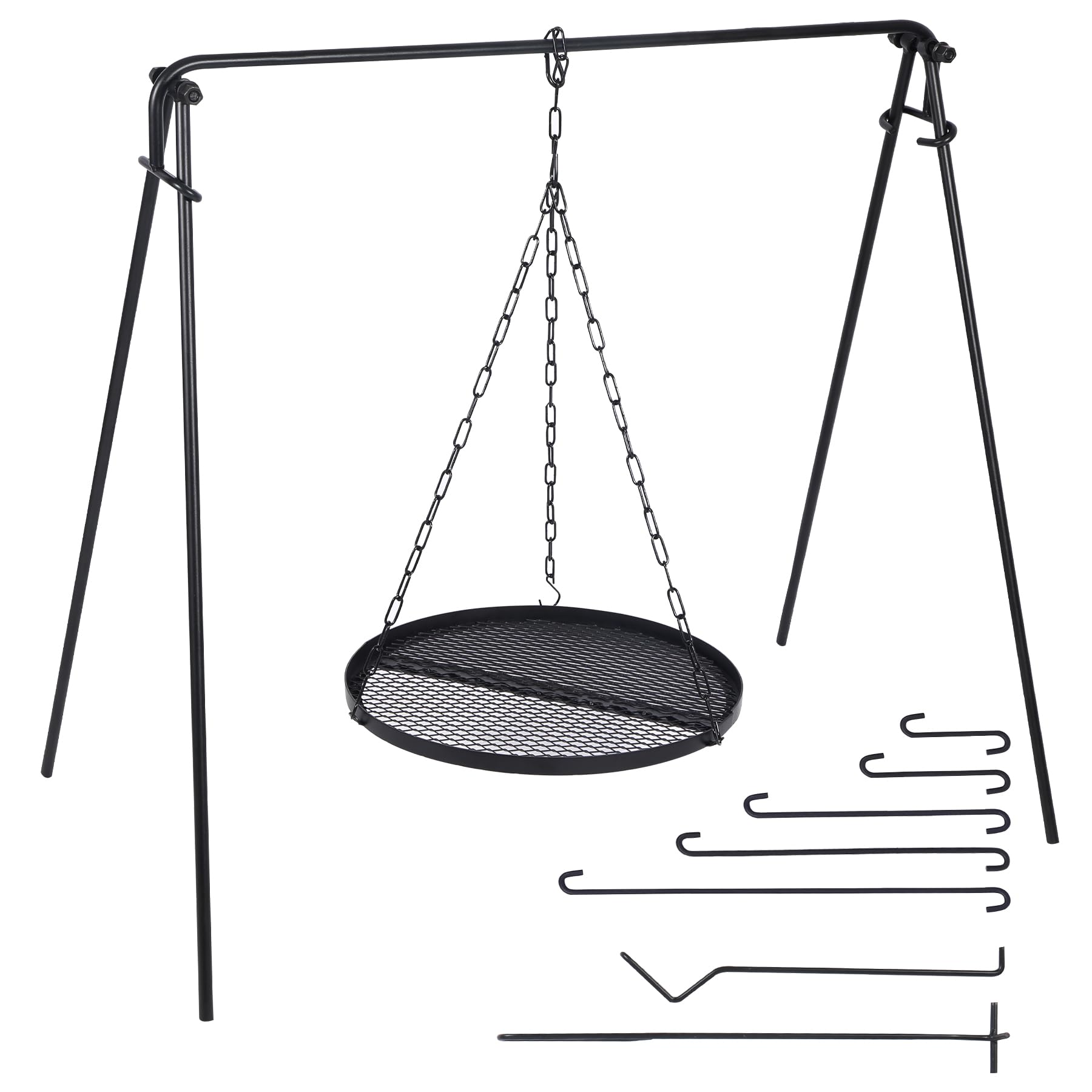 REDCAMP Collapsible Campfire Grill Stand with Iron Grate - Portable Outdoor Cooking Rack with 6 Hooks for Dutch Oven & Cookware - Perfect for Camping, Backpacking & Bonfire Cooking