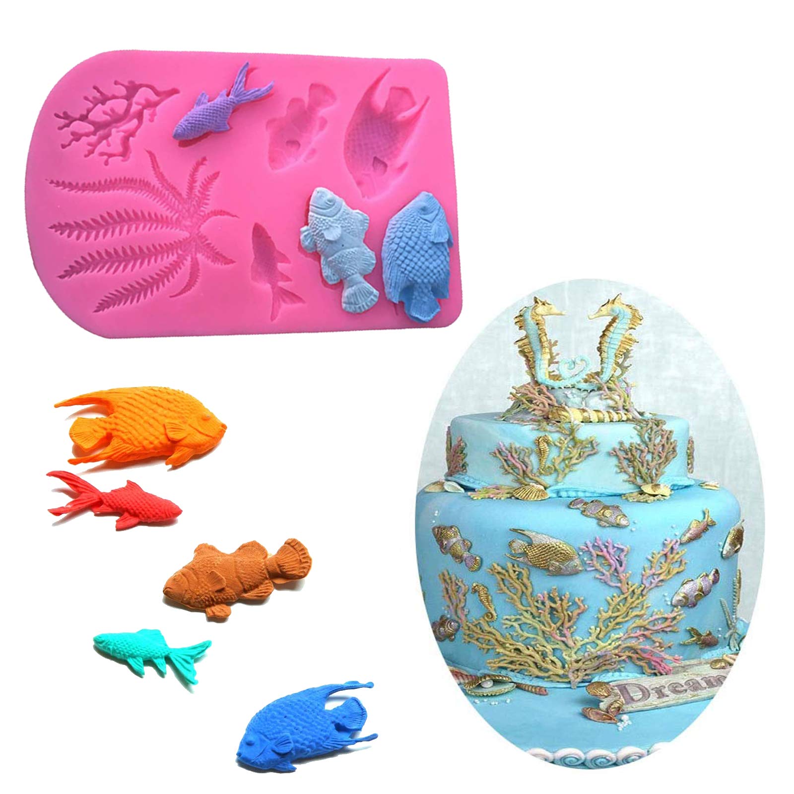 Marine Theme Fondant Cake Mold - Fish, Sea Coral Cupcake Chocolate Mould for Underwater Cake Decorations, Candy, Chocolate & Polymer Clay Crafts | Perfect for Birthday Parties, Baby Showers & Ocean-Themed Events