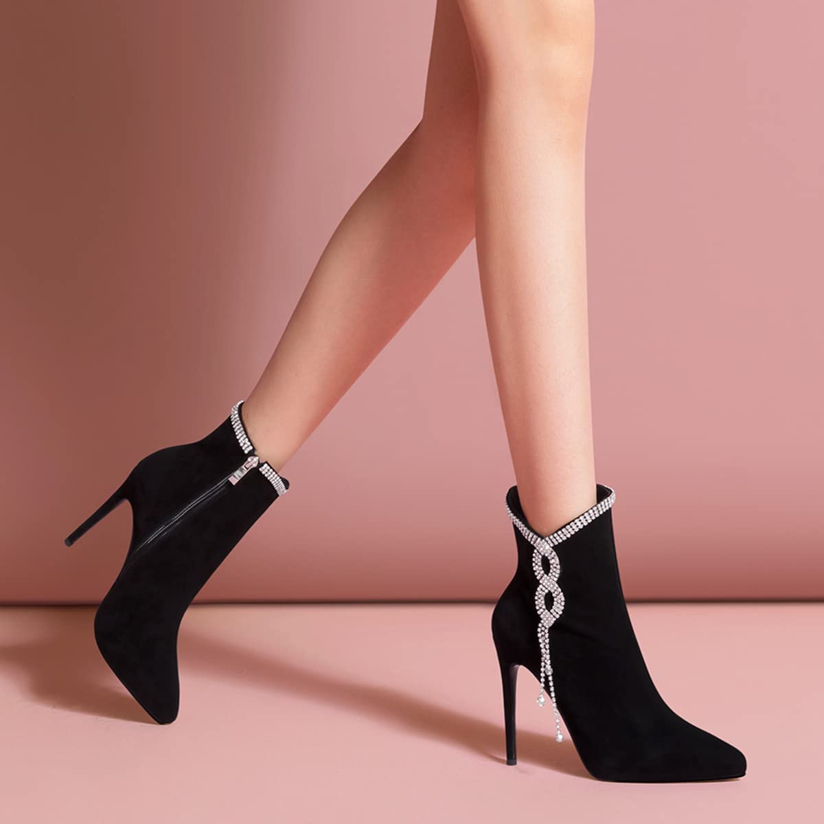 YDN Women's Rhinestone Chain Pointy Toe Stiletto High Heel Ankle Boots - Side Zipper Faux Suede Dress Shoes (US Size 4-15) for Party, Wedding & Formal Occasions