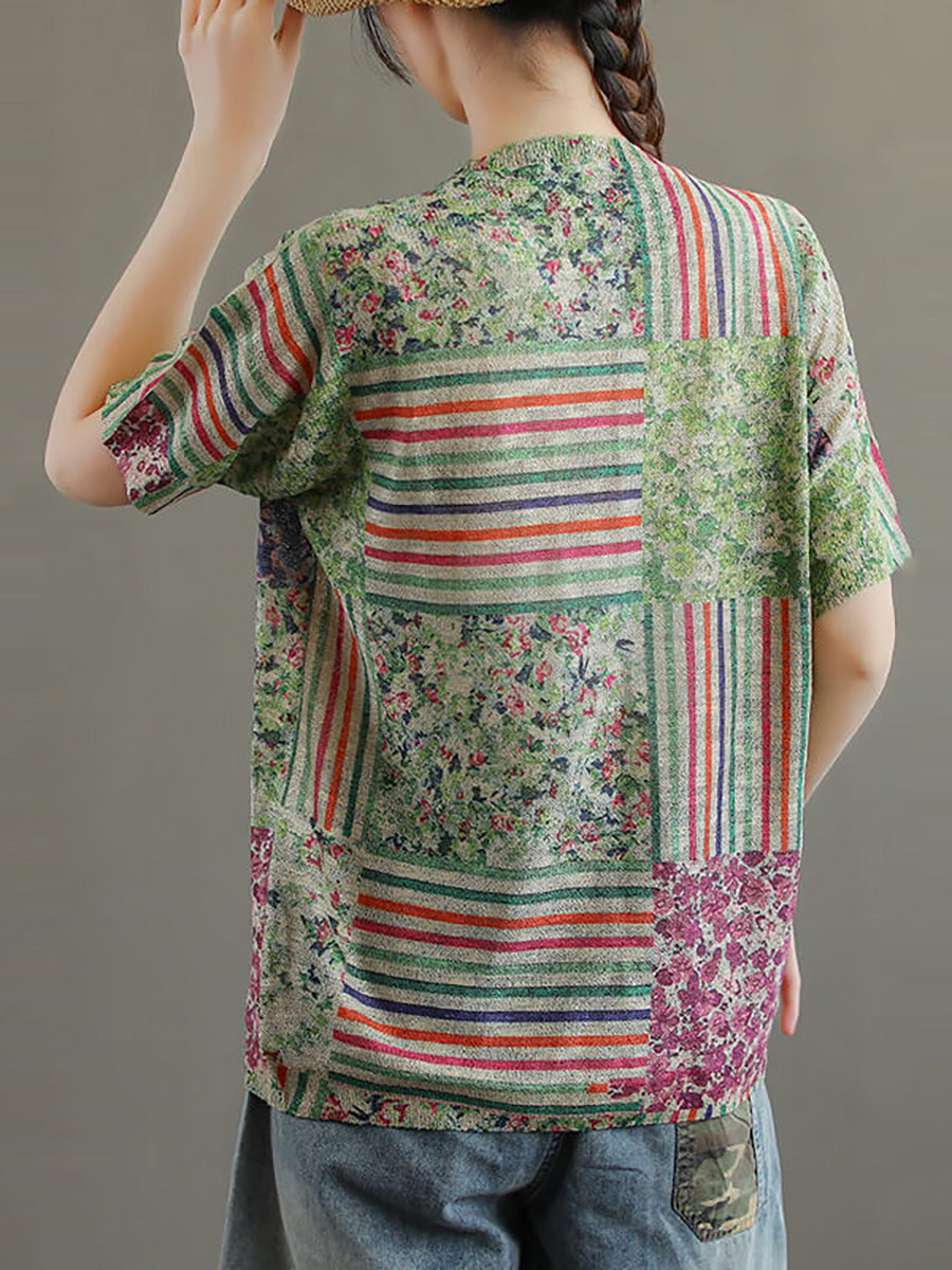 Plus Size Cotton Floral Knitted Stitching Women's T-Shirt - Comfortable & Stylish Casual Wear for Everyday Outfits