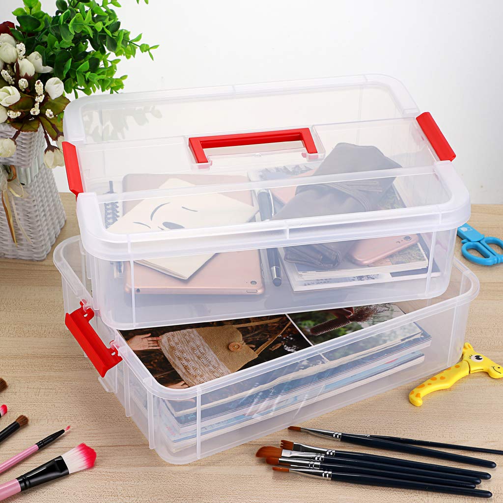 BTSKY 2-Layer Stackable Plastic Storage Box with Handle - Portable Organizer for Stationery, Crafts, Jewelry & Beauty Supplies (Red) - Perfect for Home, Office & Travel Organization