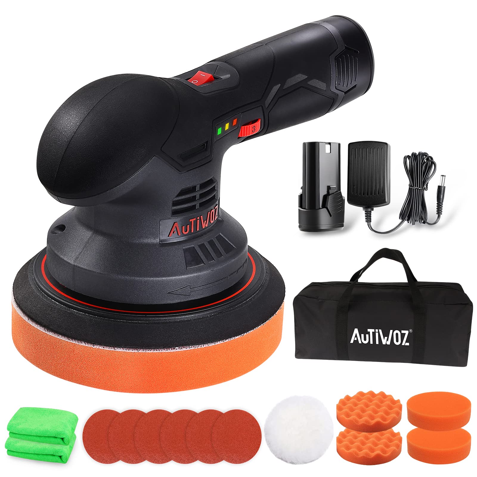 AUTIWOZ 12V Cordless Car Polisher - Rechargeable Battery-Powered Polishing Machine with 6 Speed Settings, Includes 2.0Ah Lithium Battery & Fast Charger - Ideal for Car Detailing, Scratch Removal, Waxing & Paint Correction - Perfect for DIY Auto Enthusiasts & Professional Detailing
