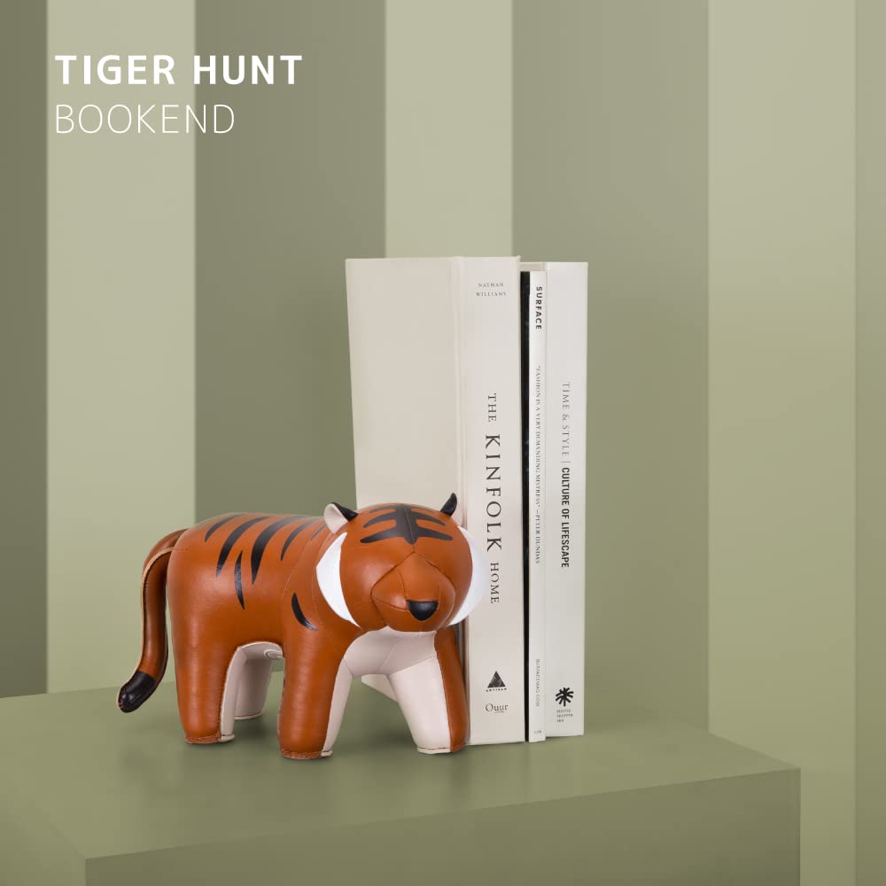 Zuny Gaze Series Tiger Hunt Bookend - Stylish Tan Decorative Book Holder for Shelves, Office & Home Decor - Perfect for Organizing Books, Displaying Collectibles & Adding Elegance to Any Room