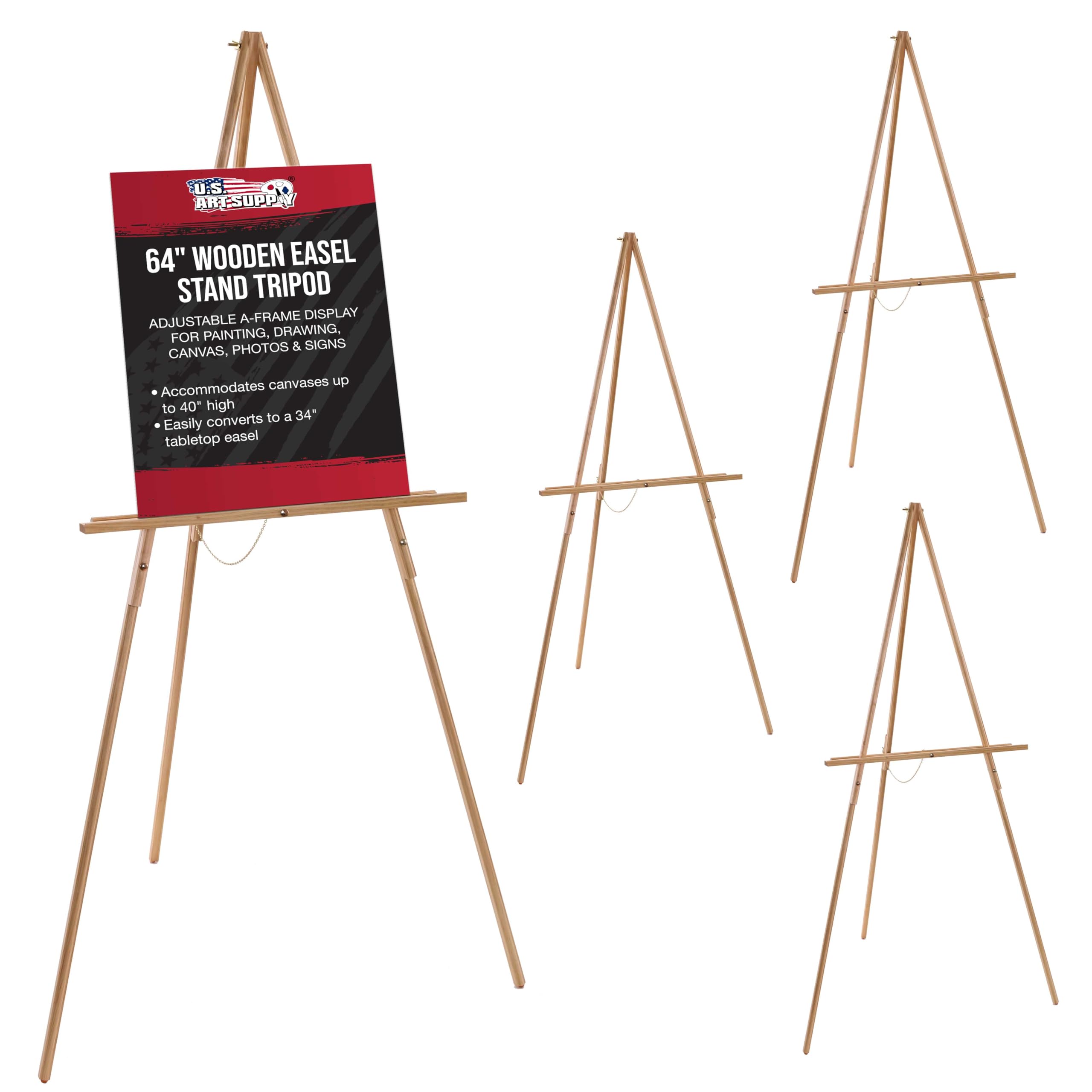 U.S. Art Supply 4-Pack 64 Inch Adjustable Wooden Easel Stand Tripods - A-Frame Display for Painting, Drawing, Canvas, Photos & Signs - Lightweight Pinewood Studio Easel with Adjustable Tray (40 Inch Canvas Capacity) - Perfect for Artists, Classrooms & Home Studios