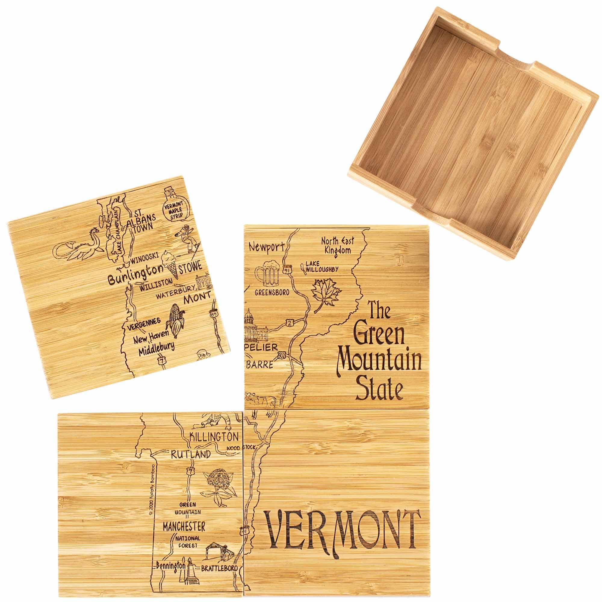 4-Piece Vermont Puzzle Coaster Set with Storage Case - Absorbent & Durable Drink Coasters for Coffee Tables, Bars, and Home Decor