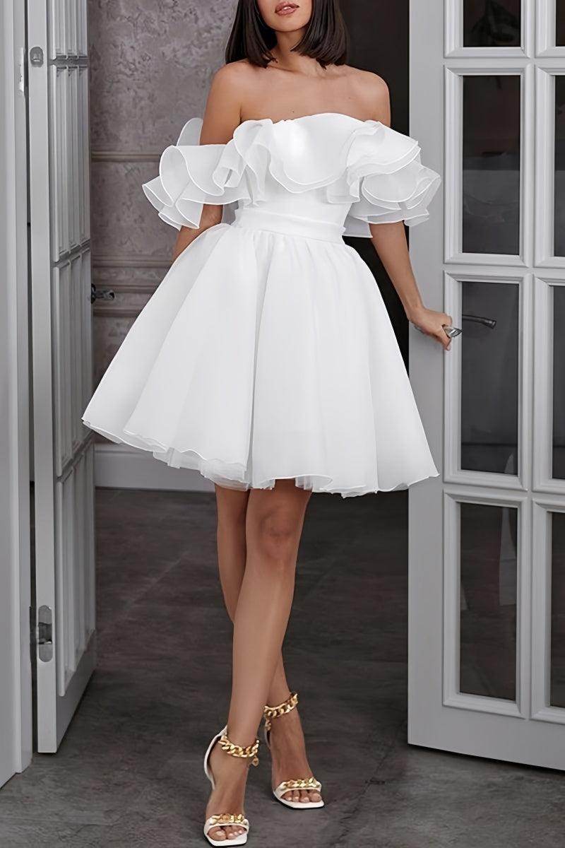 Elegant Off-The-Shoulder Mini Organza Wedding Dress CW3395 | Boho Bridal Gown for Beach Weddings, Elopements & Vow Renewals
