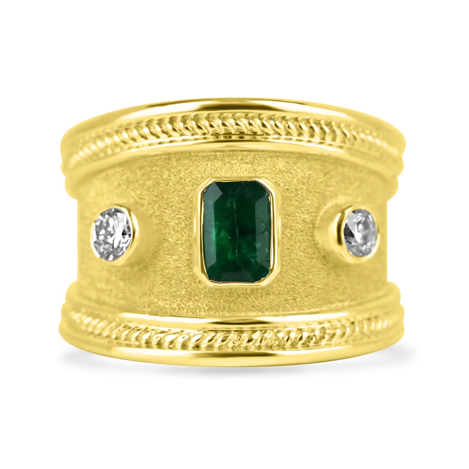 18K Gold Byzantine Emerald & Diamond Three Stone Ring - Size 6 | Vintage Inspired Engagement, Wedding, Anniversary Jewelry Gift for Women