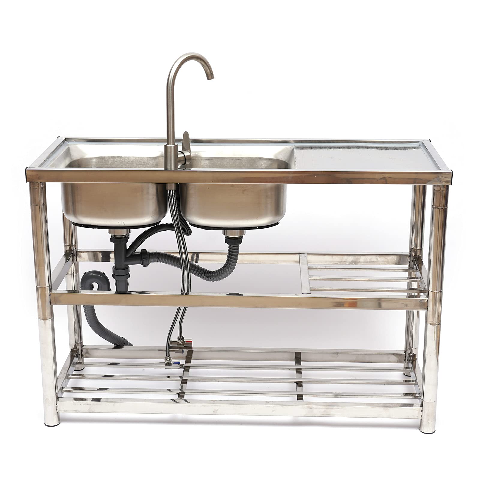 Stainless Steel Double Bowl Kitchen Sink with Hot/Cold Faucet & Drainboard - Durable Utility Sink for Kitchen, Bar, Restaurant, and Clean Room Use