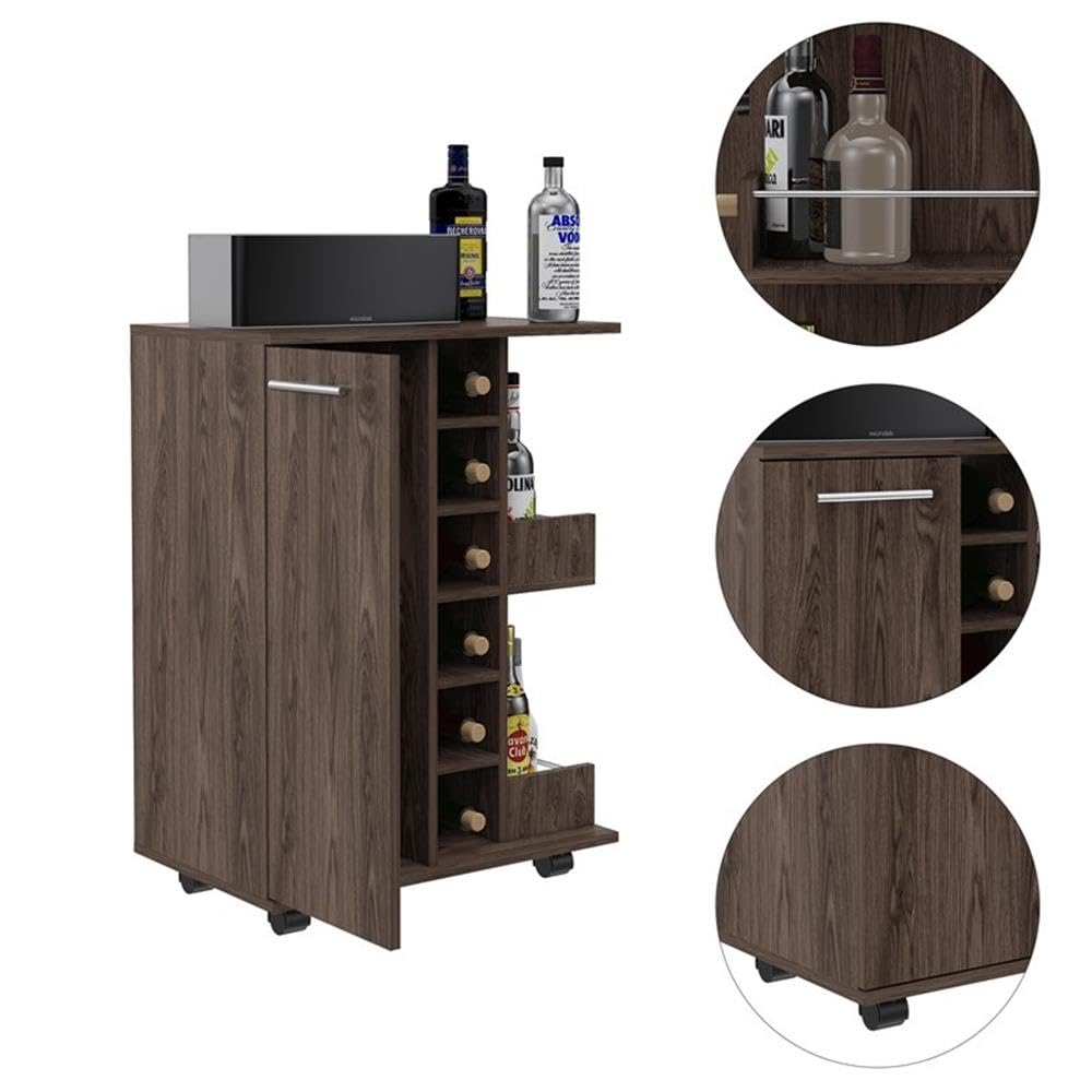 BOWERY HILL Contemporary Bar Cart Cabinet in Weathered Oak - Modern Rolling Drink Cart for Home Bar, Living Room & Outdoor Entertaining