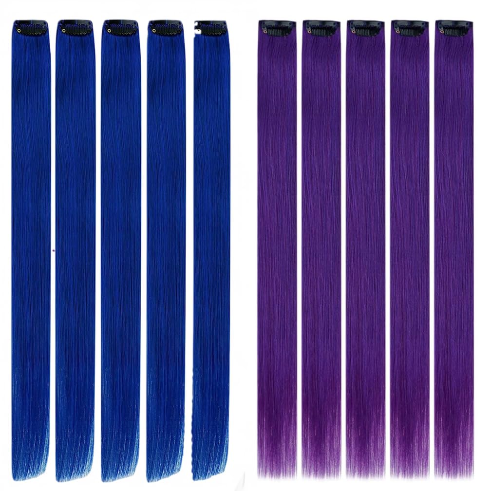 RUNATURE 22 Inch Purple and Blue Clip-in Human Hair Extensions - 5pcs 25g Real Hair for Party, Cosplay & Daily Styling