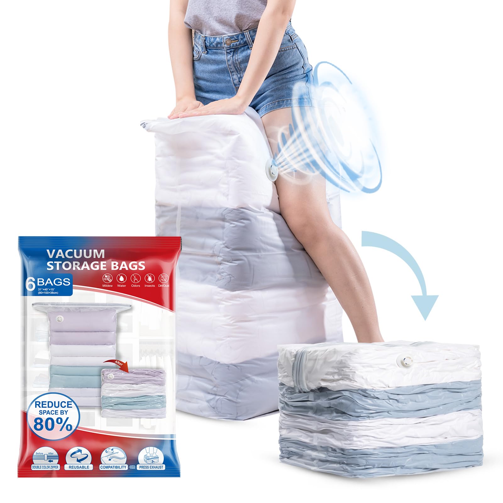 TAILI 6 Pack Jumbo Vacuum Storage Bags 31x40x15 Inch - Extra Large Vacuum Seal Bags for Comforters, Blankets, Bedding & Clothes - Space Saving Closet Organization - Perfect for Seasonal Storage & Travel Packing