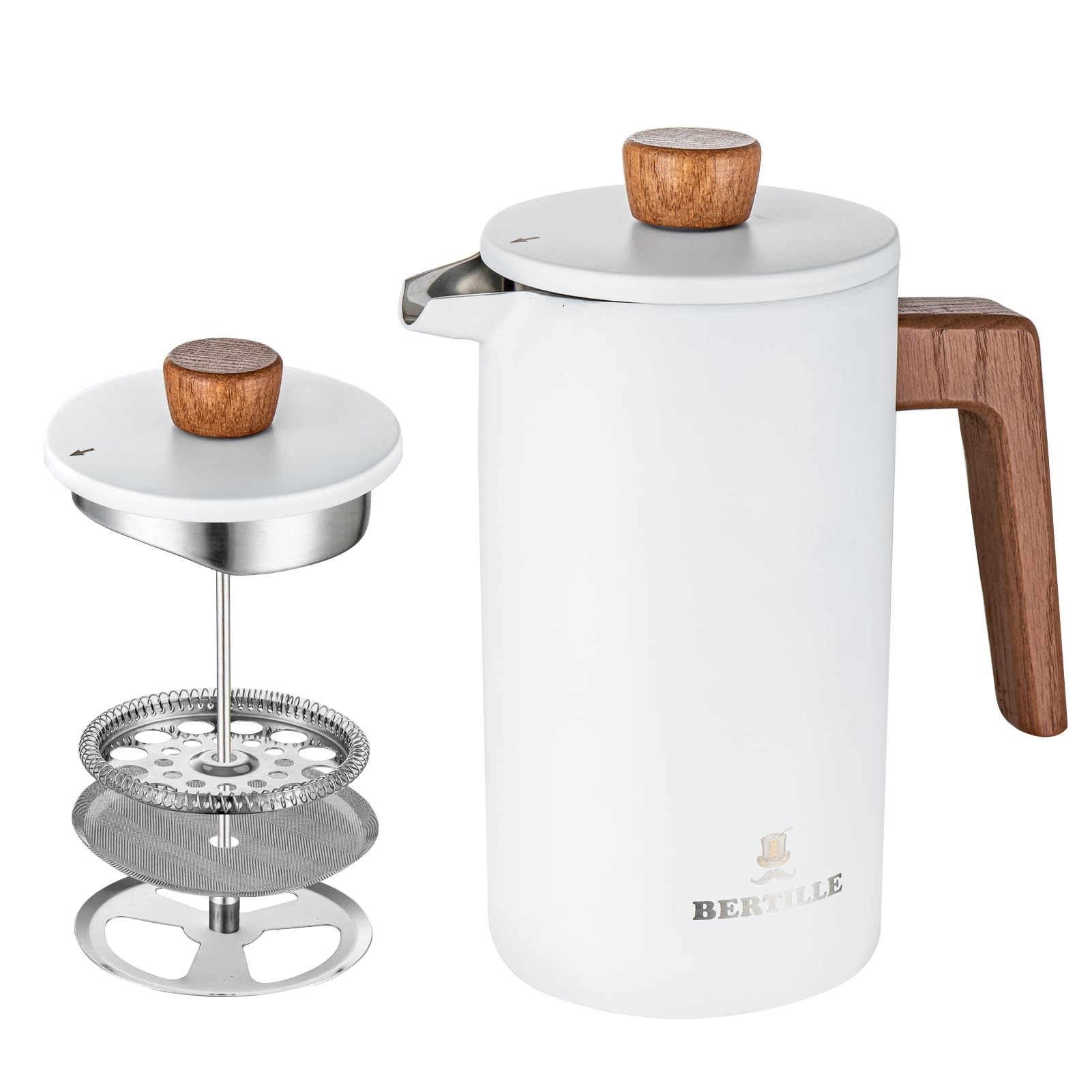 BERTILLE 34OZ French Press Coffee Maker - 304 Stainless Steel, Wood Handle, Double Insulation & 3-Layer Filter - Perfect for Home, Office & Camping (White)