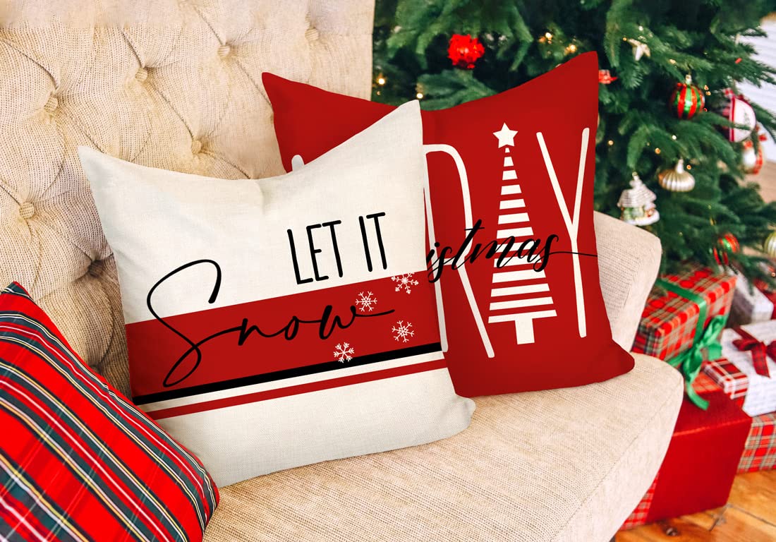 4 Pack 18x18 Inch Red Christmas Pillow Covers - Farmhouse Holiday Decor with Let It Snow & Holly Jolly Designs - Cozy Winter Throw Cushion Cases for Sofa, Couch, Living Room & Home Decor (S22C24)