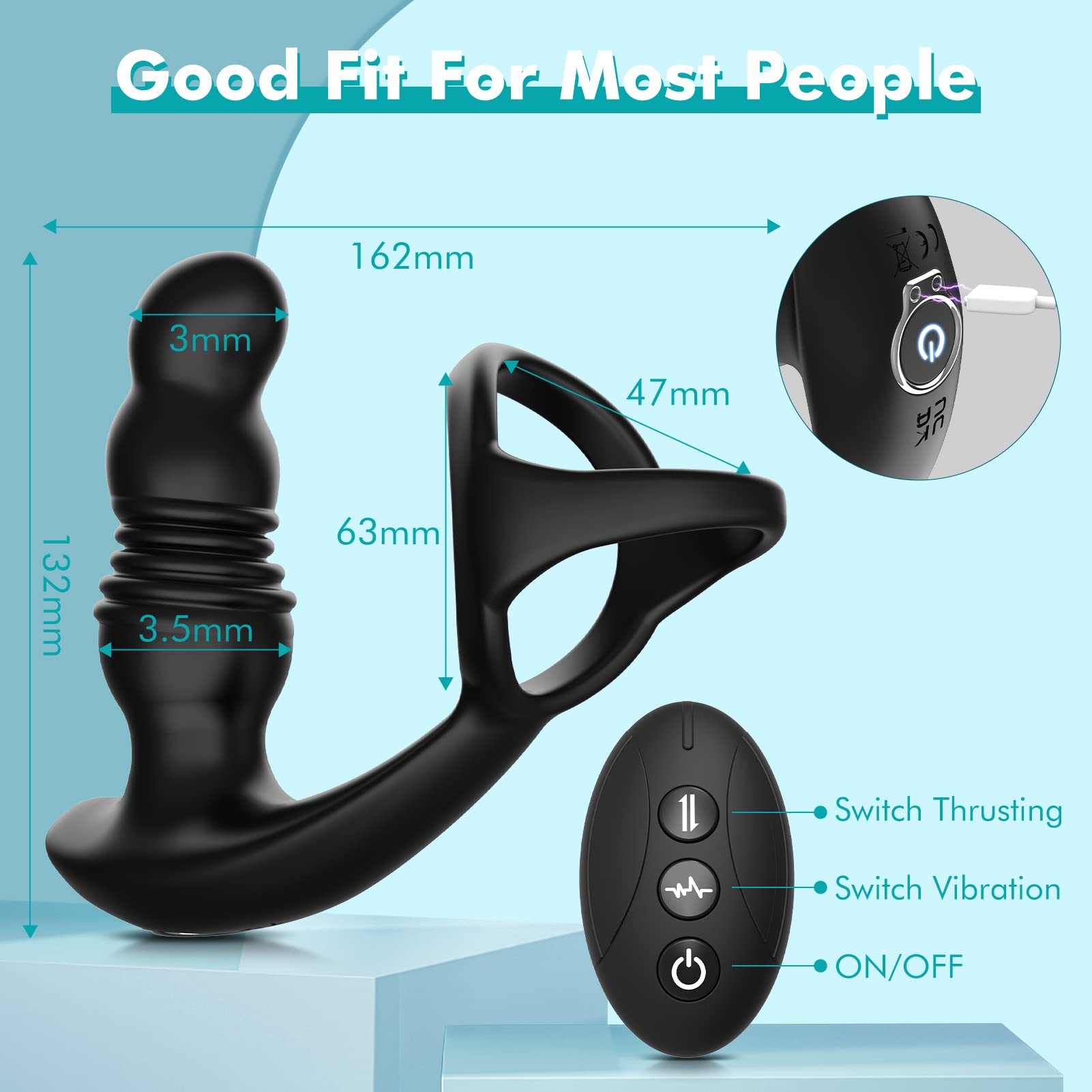 Remote Control Cock Ring & Prostate Massager - 7 Vibration Modes for Couples Play - Black