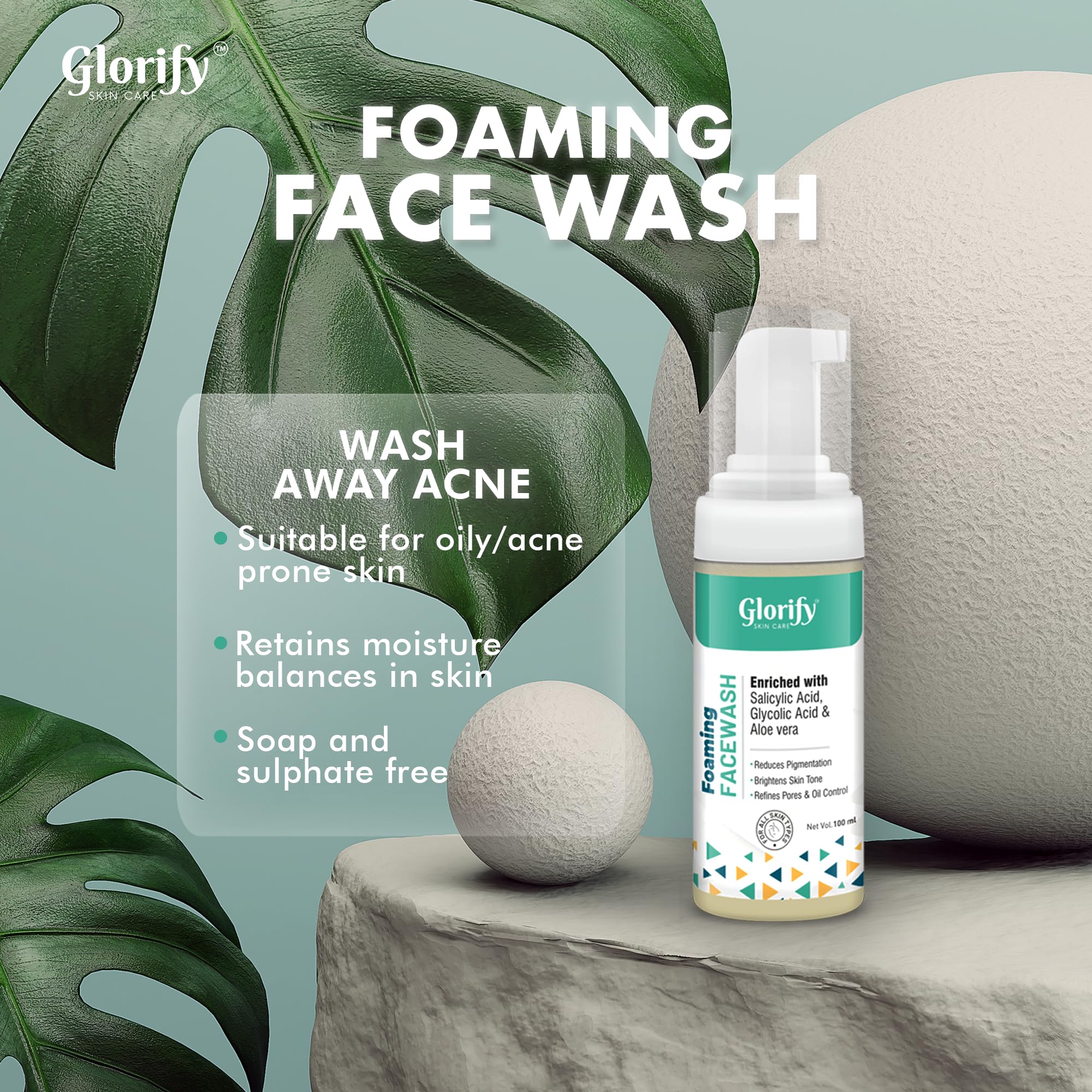 Glorify Foaming Face Wash for Brightening Skin [100ml] - Reduces Pigmentation, Refines Pores & Controls Oil | Gentle Daily Cleanser for Oily & Combination Skin, Perfect for Morning & Night Routine